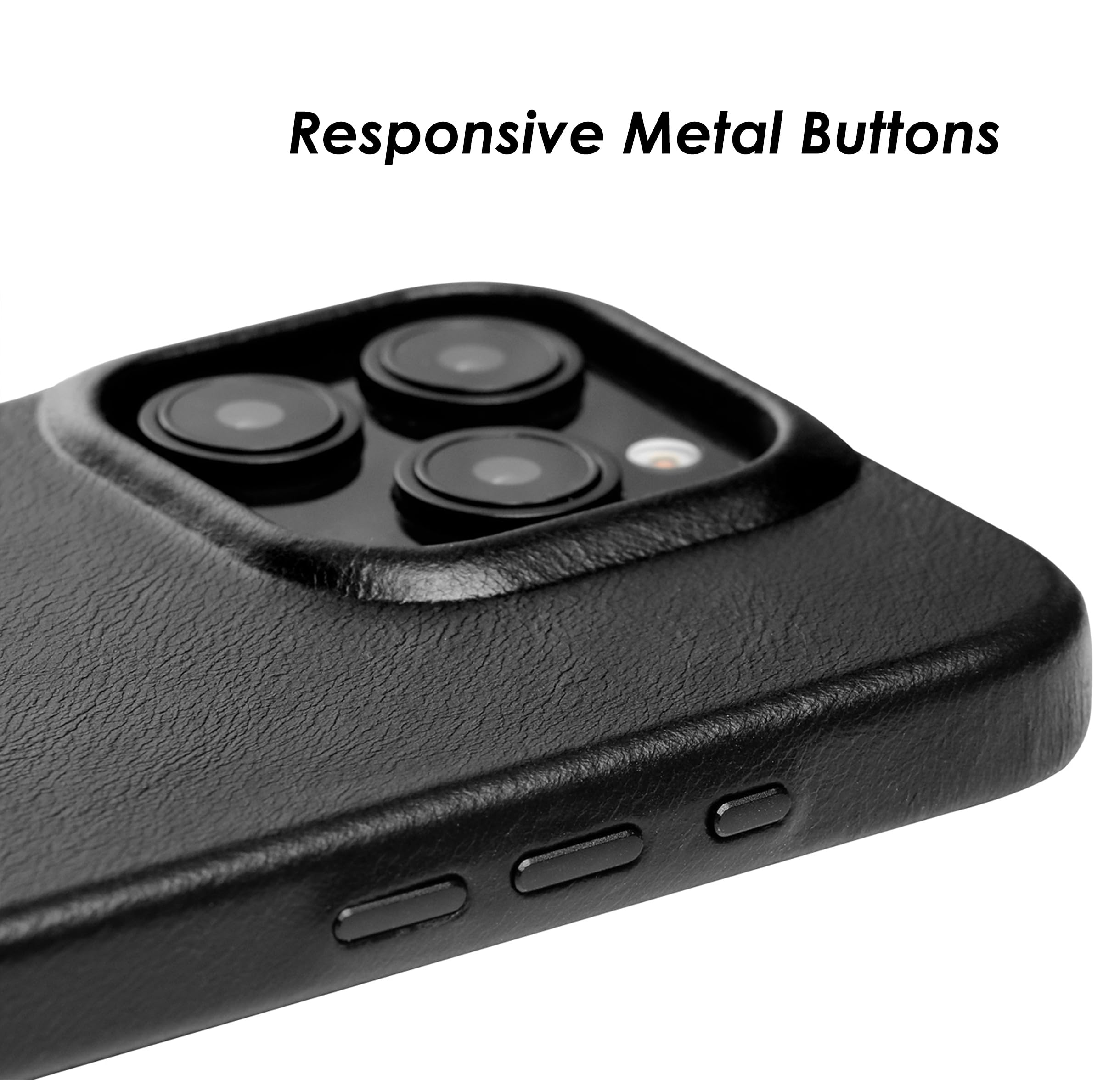 Wilken - Funda envuelta en cuero compatible con iPhone 16 Pro Max, compatible con MagSafe y carga inalámbrica, cuero de grano superior, controles de botón de metal personalizados (16 Pro Max, negro)