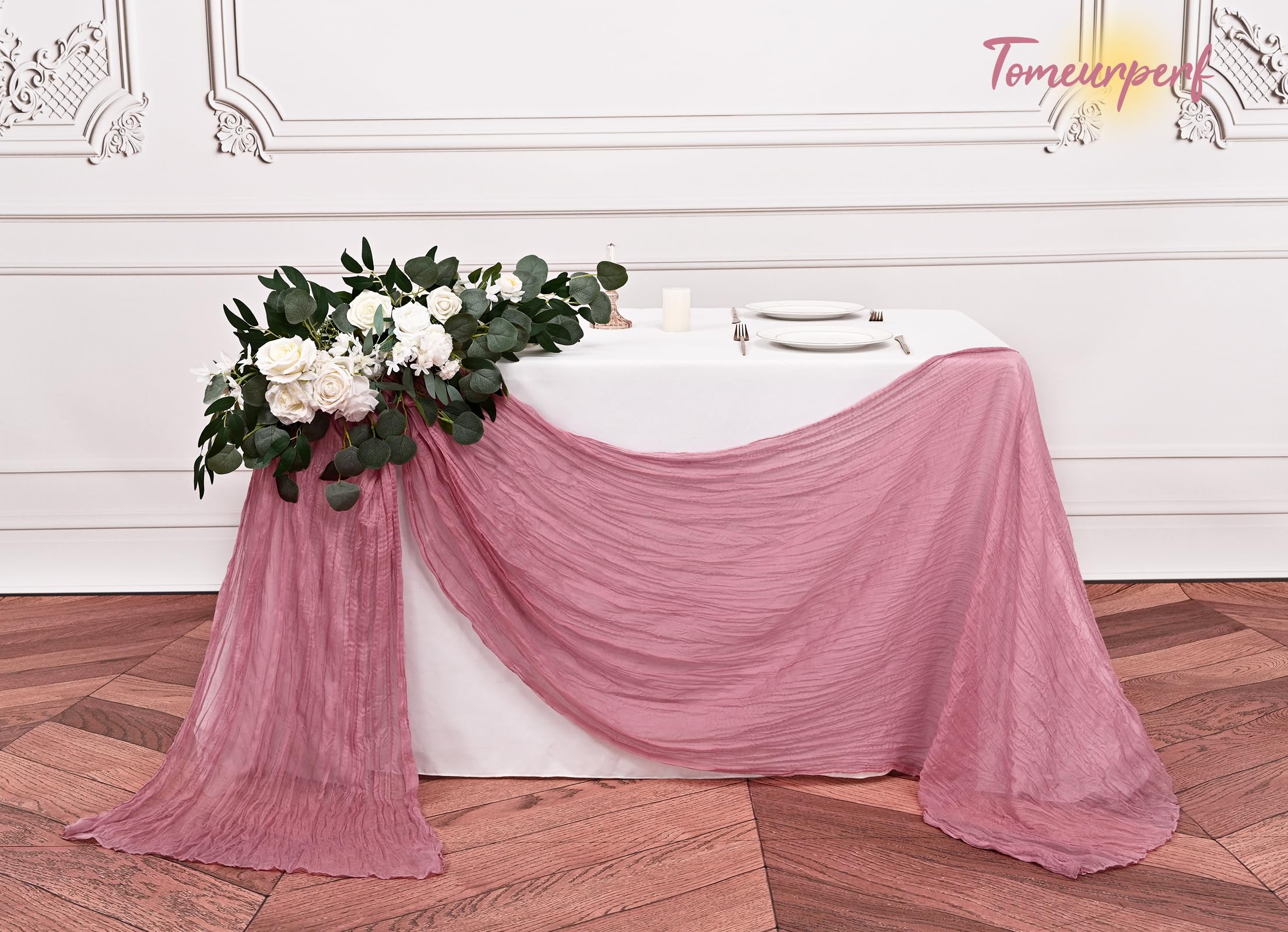 Rustic Table Runner 8 Pack Light Pink - 35x120 Inch Boho Wedding Decor -  Gauze Table Cloths For Rustic Parties Cheesecloth Table Runners, image size:2209x1600