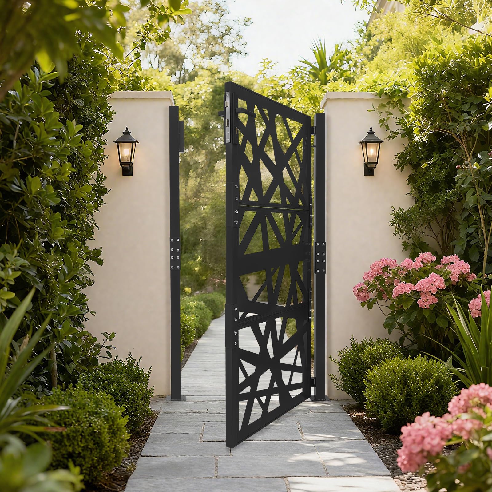 Gartentor Metall Gartentür aus Stahl, abschließbar Hoftor Eingangstor für Garten, Terrasse und Einfahrt mit geometrisches Lochmuster-Design, 175 cm hoch (Schwarz)
