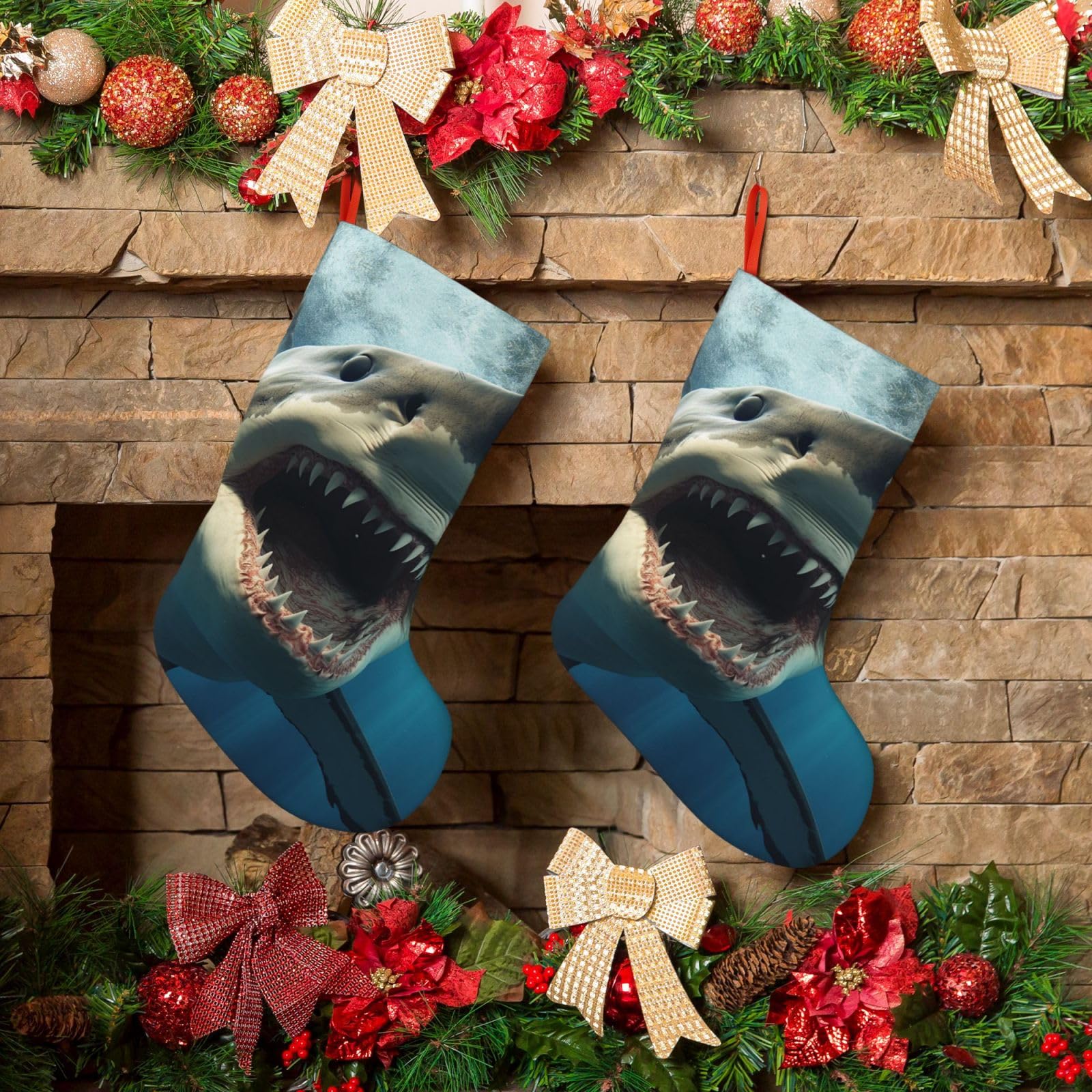 Shark Mouth Christmas Stockings 18 Inches Velvet Xmas Fireplace Hanging Stocking Rustic Christmas Santa Stockings for Home Christmas Decorations Party Favor Supplies