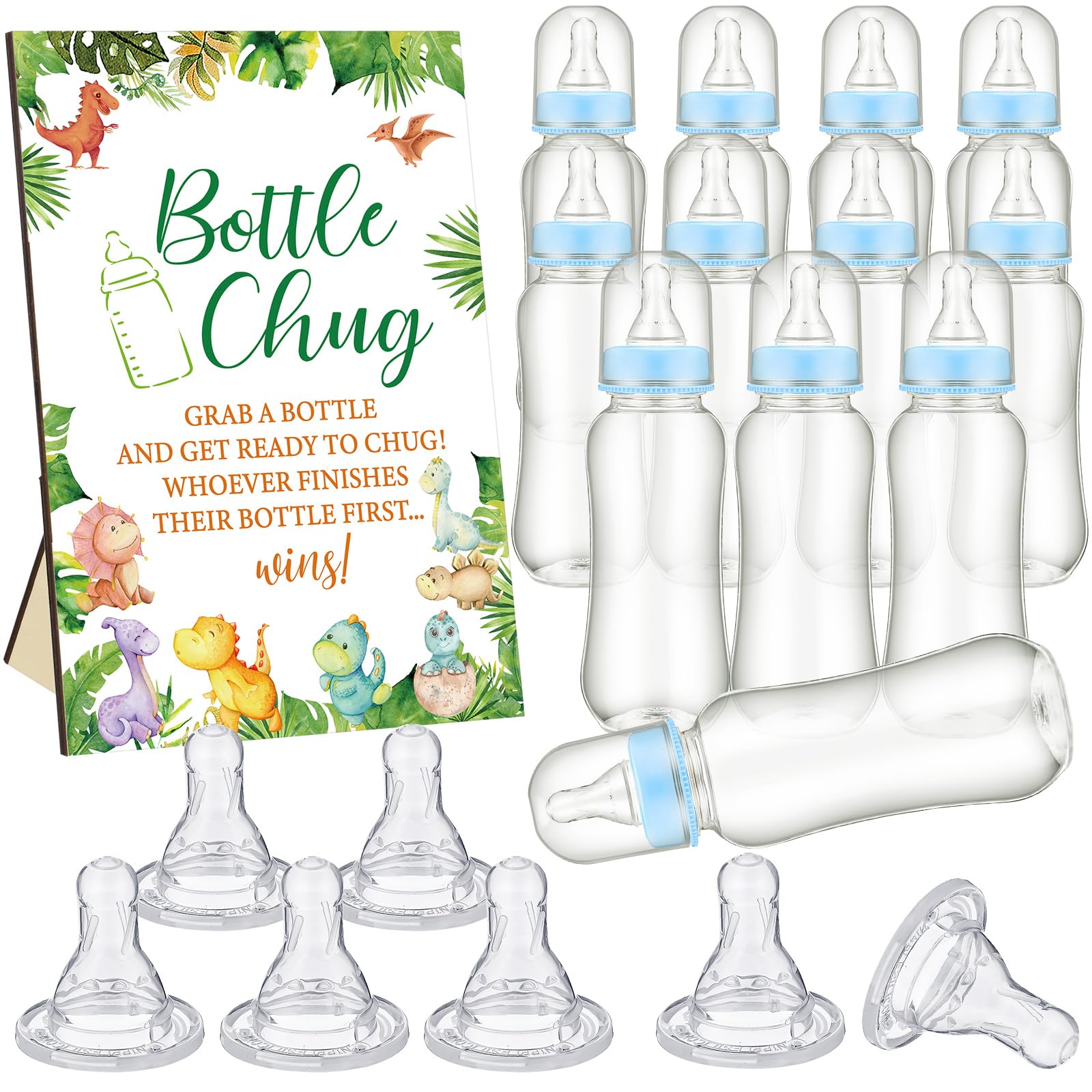 TrelaCo Dinosaur Cool Baby Shower Games Bottle Chug Sign Wooden Green Leaf Gift Sets Gender Reveal Party Supplies and 12 Pcs Baby Bottle Shower Favor