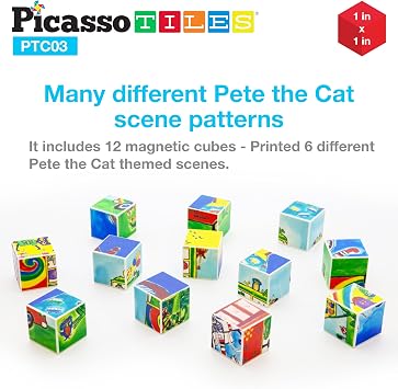 PicassoTiles Magnetic Tiles Pete the Cat Magnet Puzzle Cube Set 6 Cartoon Theme Mix and Match Brain Teaser STEM Educational Toy for Kids Toddlers Preschool Age 3 Plus Sensory Learning Play Kit PTC03