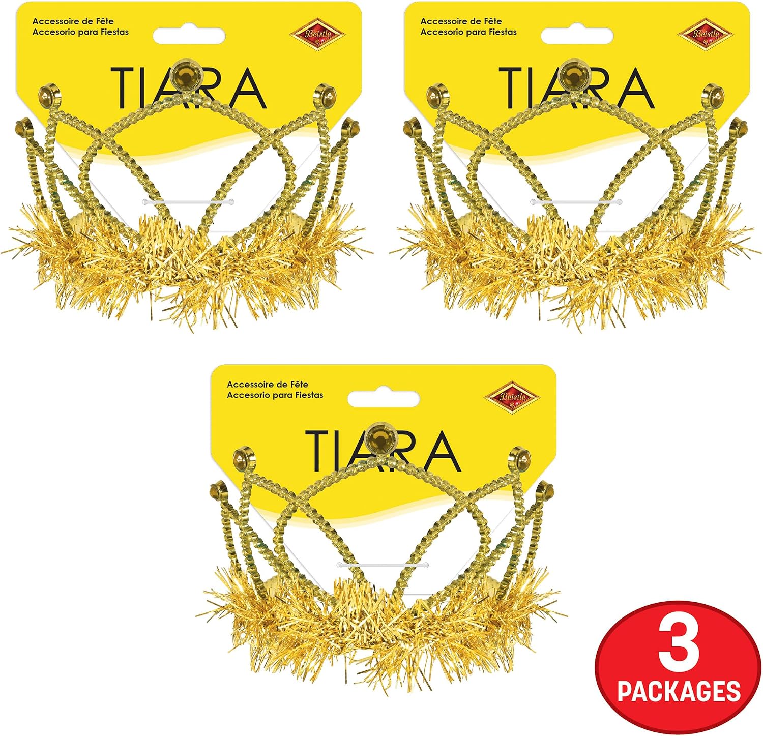 Beistle Yellow Gold Plastic Tiaras – 3 Pack, Crown Headpieces with Metallic Fringe, Spirit Headwear for Stage Performances, Halloween Costumes, Photo Booth Props, Themed Events & Novelty Party Wear