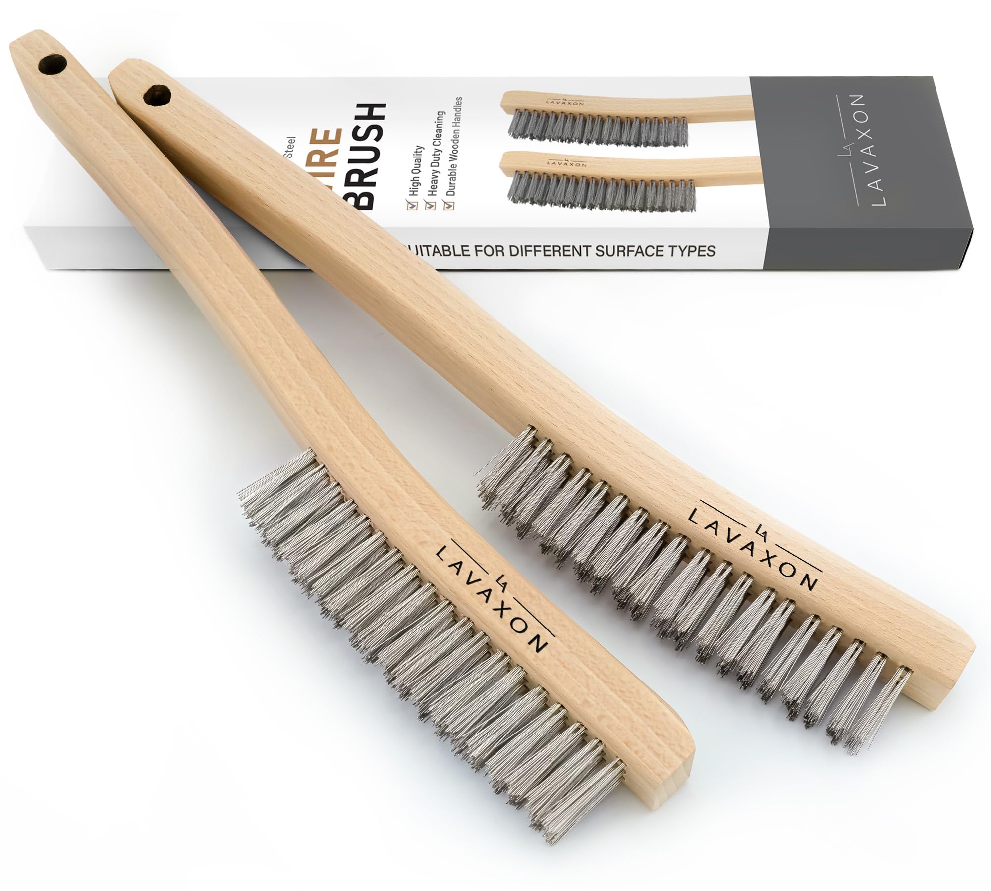 Lavaxon Wire Brush Set-Heavy Duty Stainless Steel Bristles with Wood Handle Grip for Rust, Wielding Slag, Dirt &amp; Paint Scrubbing with Deep Cleaning – 14 Inches (Pack of 2)