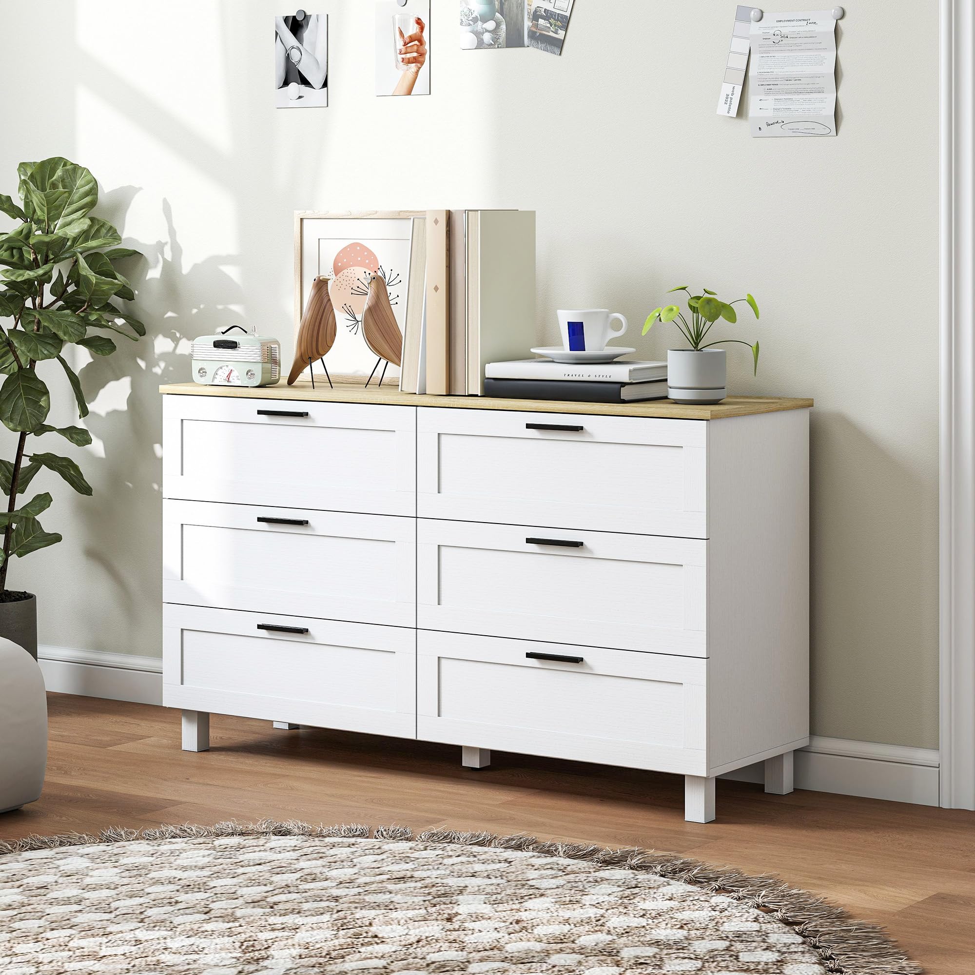 HOMCOM Commode 6 tiroirs, Meuble de Rangement avec Pieds en Bois de pin, Style Moderne, Commode pour Chambre à Coucher, Salon, Couloir, 120 x 38 x 71 cm, Bois Naturel et Blanc