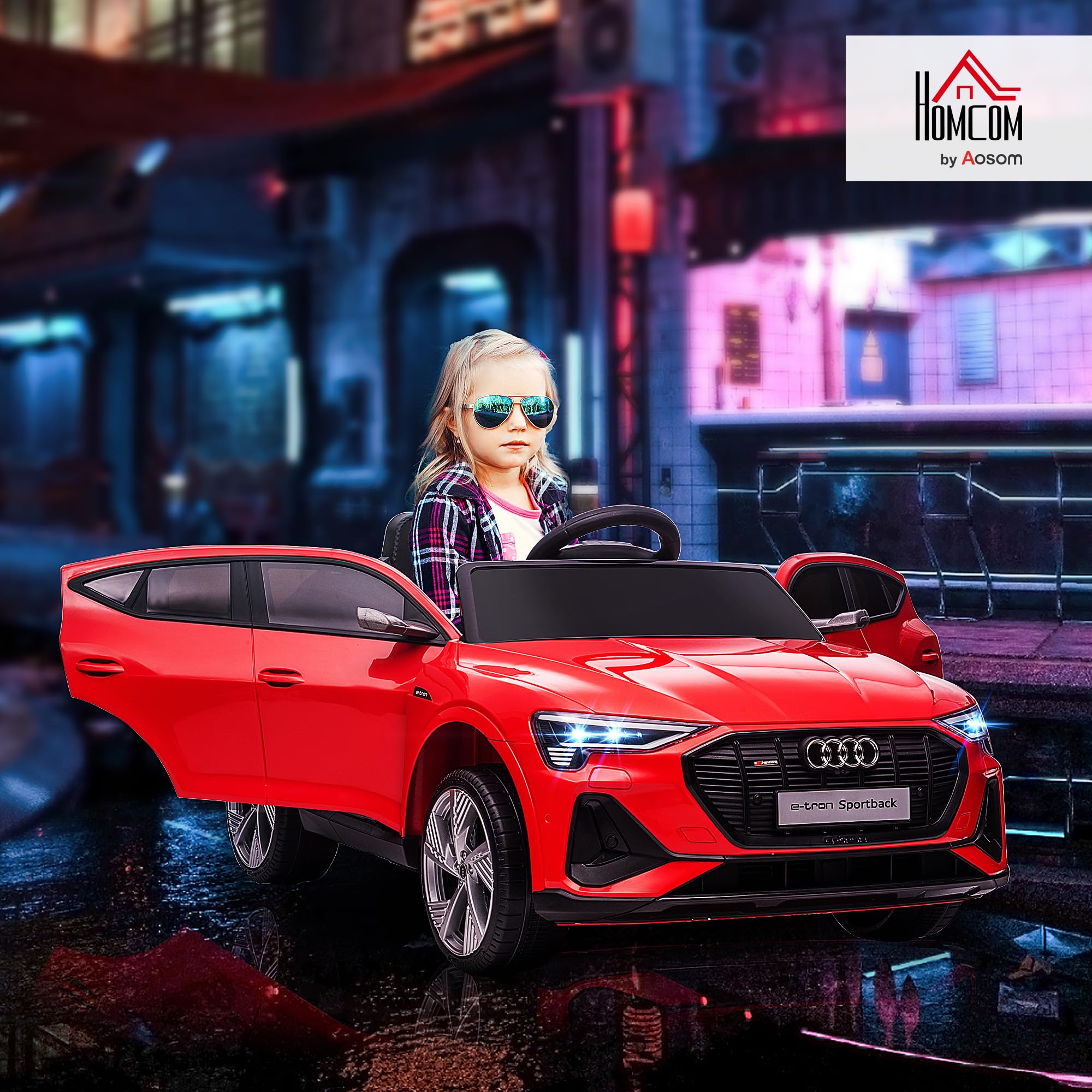 HOMCOM Elektro Kinderauto 12V Audi E-tron Elektrofahrzeug mit Fernbedienung, Sicherheitsgurt und Musikfunktion (MP3/USB/TF), Kinderfahrzeug für 3-5 Jahre, 3-5 km/h, Rot