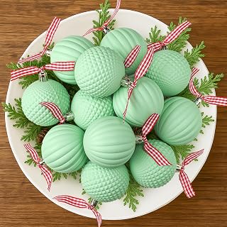 Civaner 12 Pcs Jadeite Christmas Ball Ornaments Plastic Matte Mint Green Xmas Tree Ornament 2.4" Shatterproof Sage Green Bulbs with Red White Checkered Ribbon Vintage Christmas Decorations for Tree