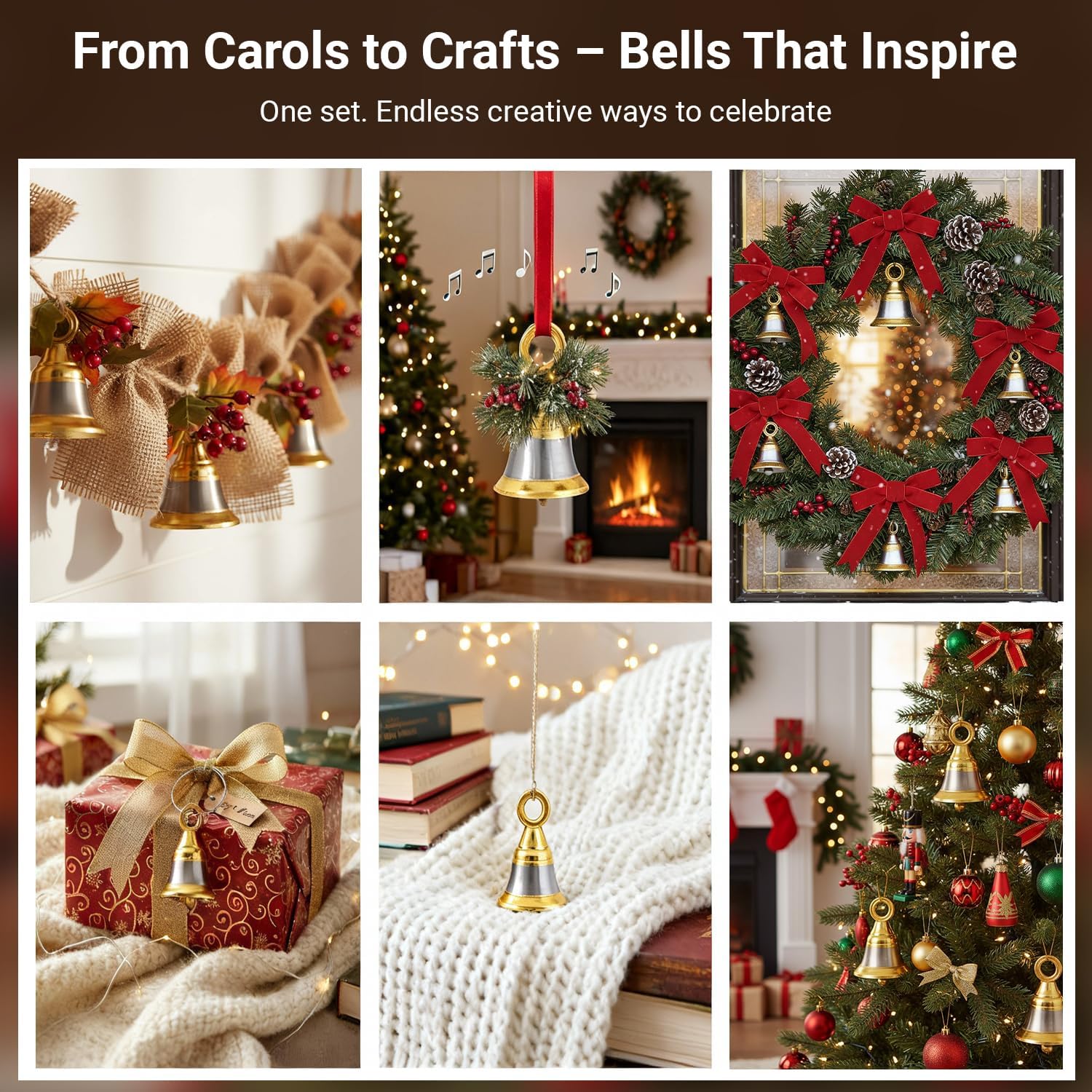 SATVIK Set of 6 Medium Sacred Echoes Metal Jingle Bells with Hanging Loop for Pooja Accessories Temple Home Decor Christmas Bells Decoration Craft DIY Festive Spiritual Mandir Prayer Gifting