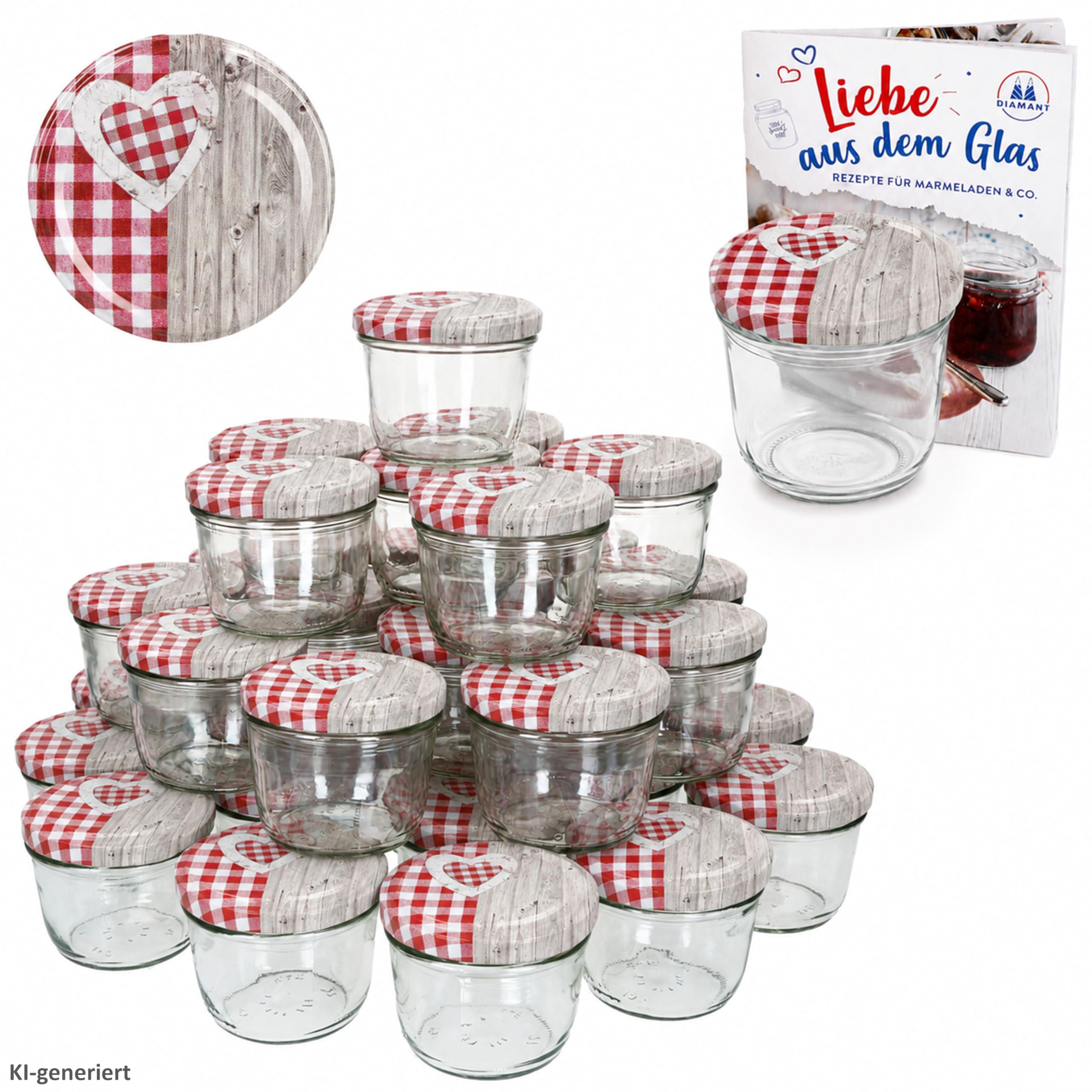 MamboCat Lot de 100 bocaux en verre 230 ml, couvercle à visser, cœur en bois rouge à carreaux, livret de recettes inclus, pour faire des conserves