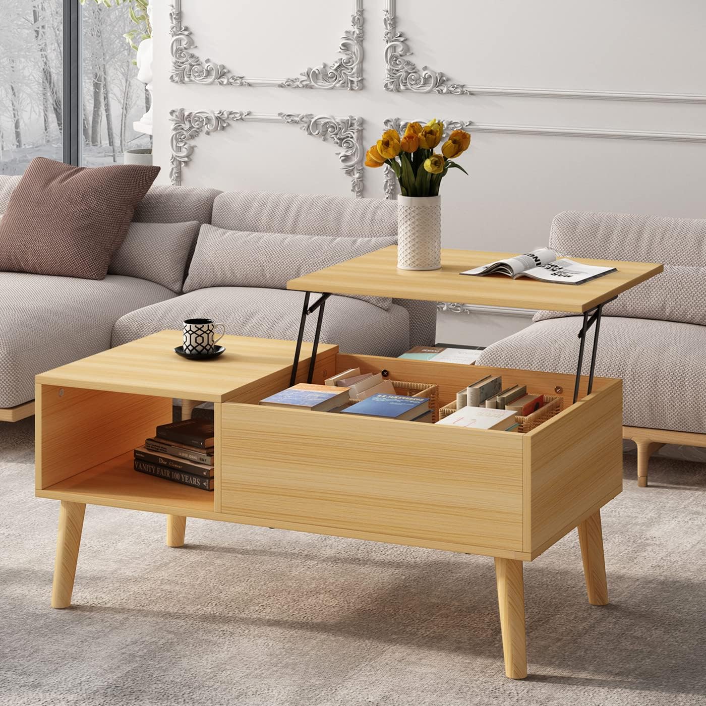 KU Syang Lift Top Coffee Table, Lift Up Coffee Table with Hidden Storage and Open Shelf, Coffee