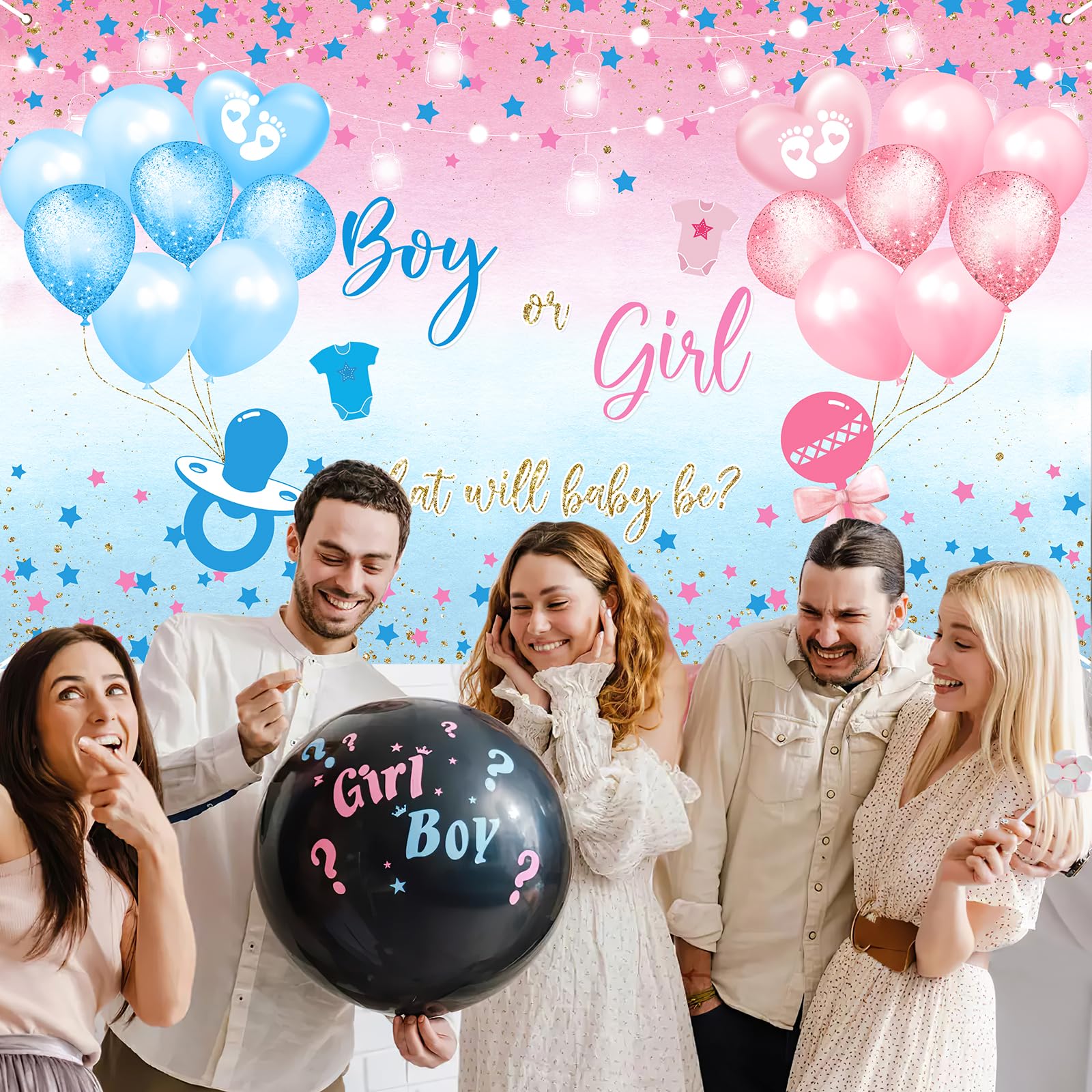 Avezano Gender Reveal Banner – 180 X 100 Cm, Vinyl, Mit Seil, Blaue & Rosa Sterne (Junge Oder Mädchen)