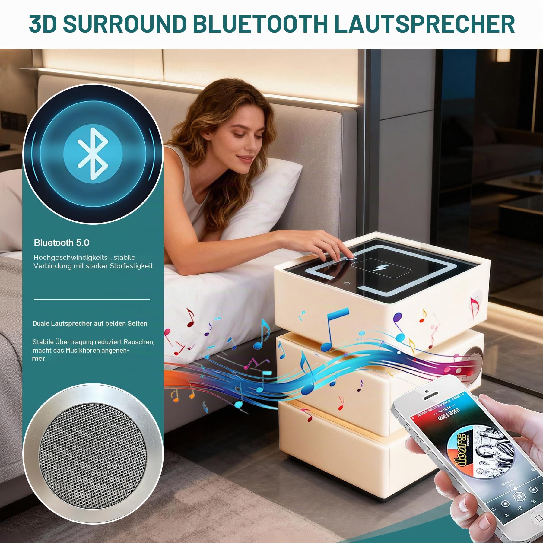LED Nachttisch Weiß 2er Set, mit 3 Schubladens, Bluetooth-Lautsprecher, 3 Licht Dimmbar, Automatischer Sensor und Kabelloses Laden, Modern Intelligent Sofatisch