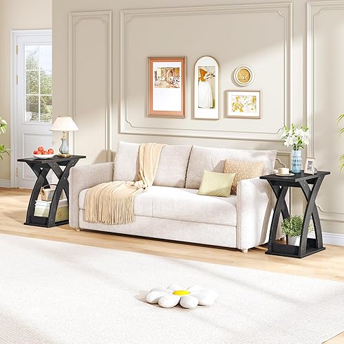 Miniatura 5 de HOOBRO Juego de 2 mesas auxiliares estrechas X-Design con estante de almacenamiento, mesitas de noche delgadas para espacios pequeños, sala de