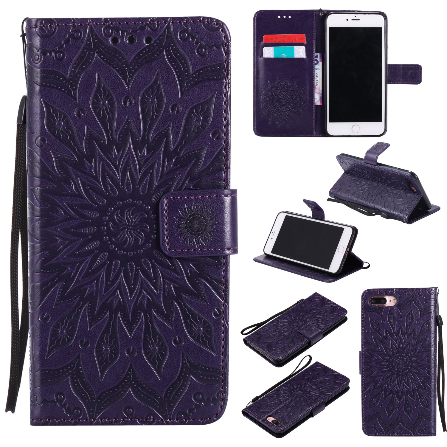 iPhone 8 Plus Case, Binguowang PU Leather Flip Wallet Case Emboss Sun Flower Pattern Folio Magnetic Protective Cover Case with Card Slots for Apple iPhone 8 Plus 2017/iPhone 7 Plus 2016. (Purple)