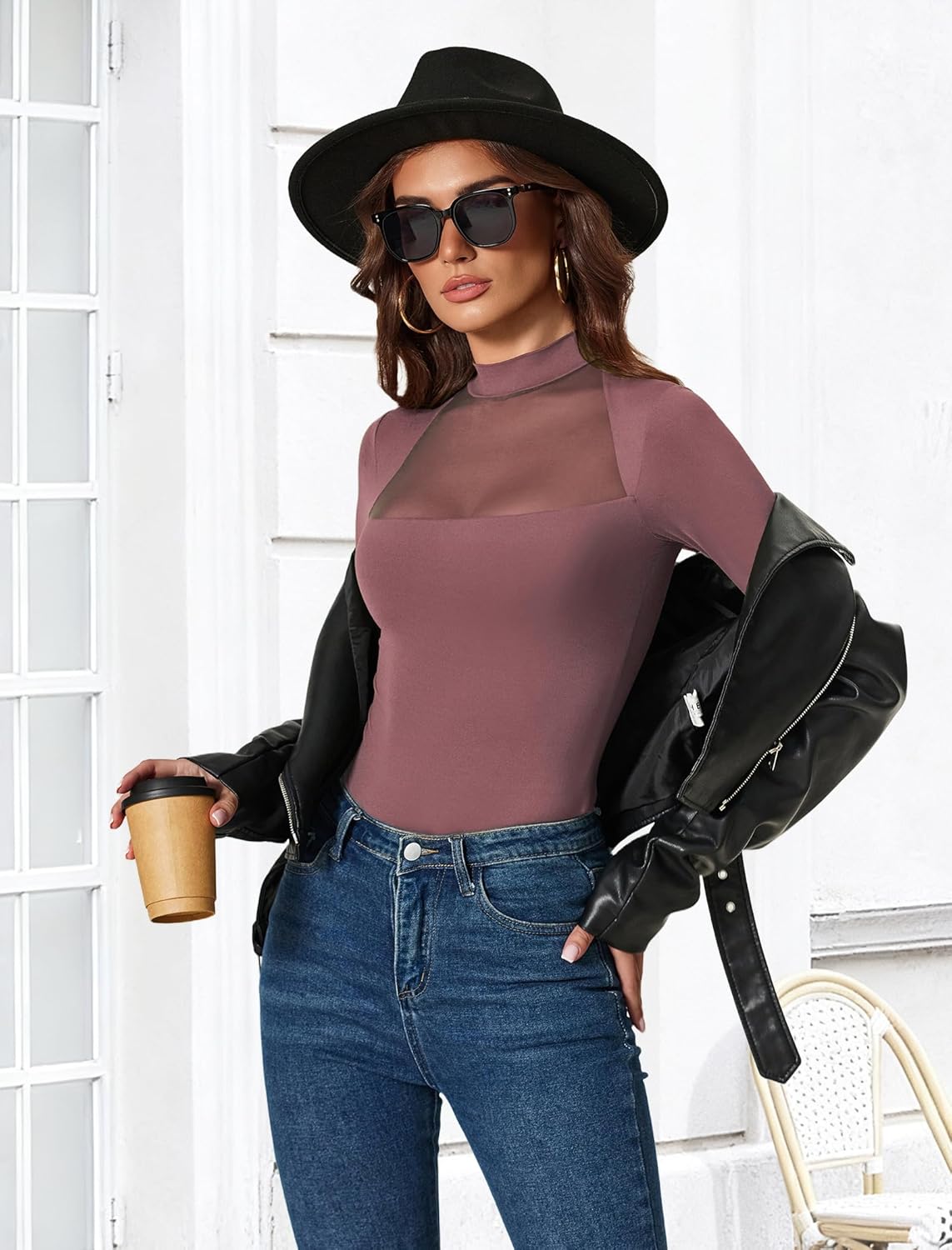 Avidlove Bodysuits for Women Mock Neck Shapewear Body Suit Long Sleeve Leotard Mesh Going Out Tops Concert Outfits - Image 3