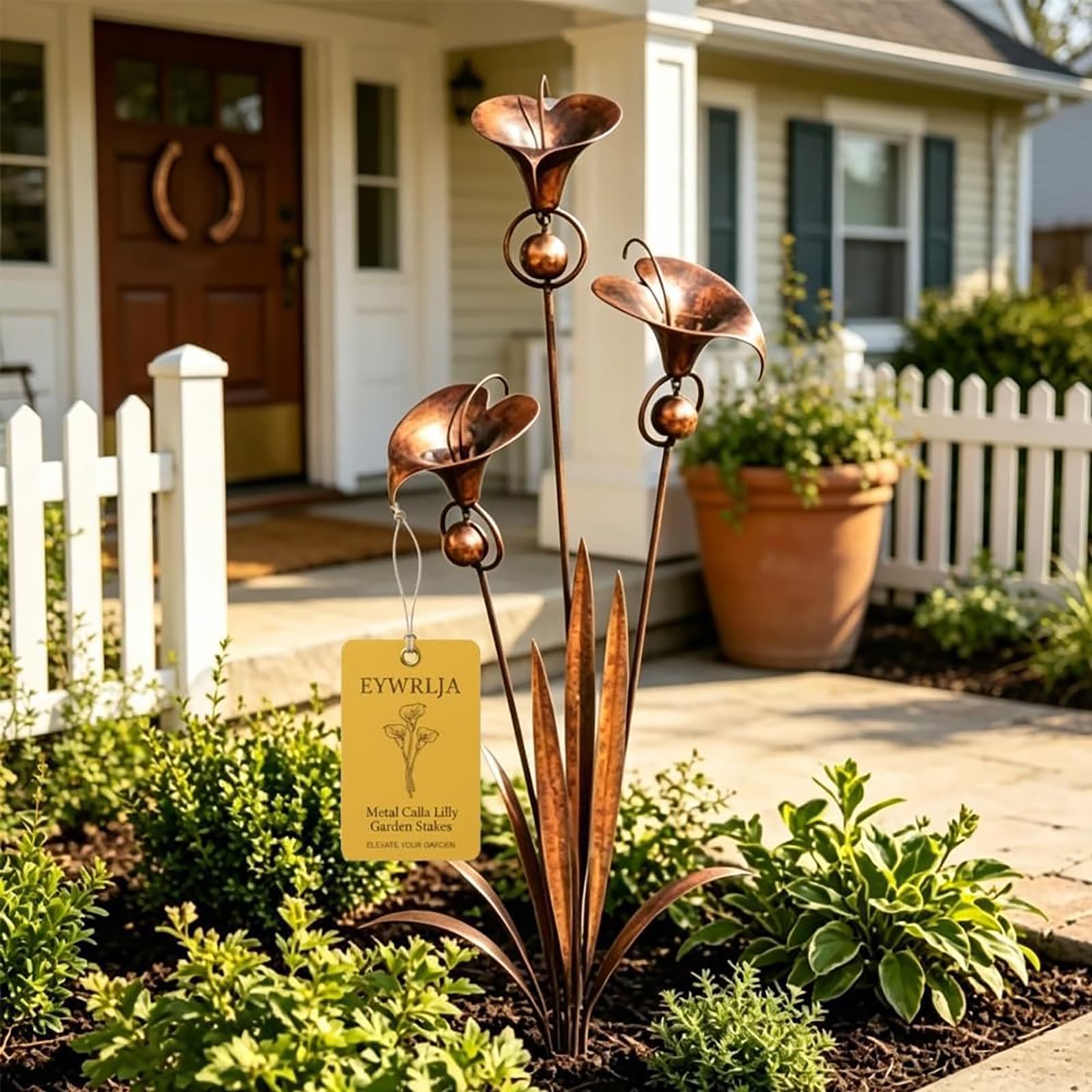24in Three Calla Lilies Garden Stake Flamed Copper Calla Lilies Sculpture