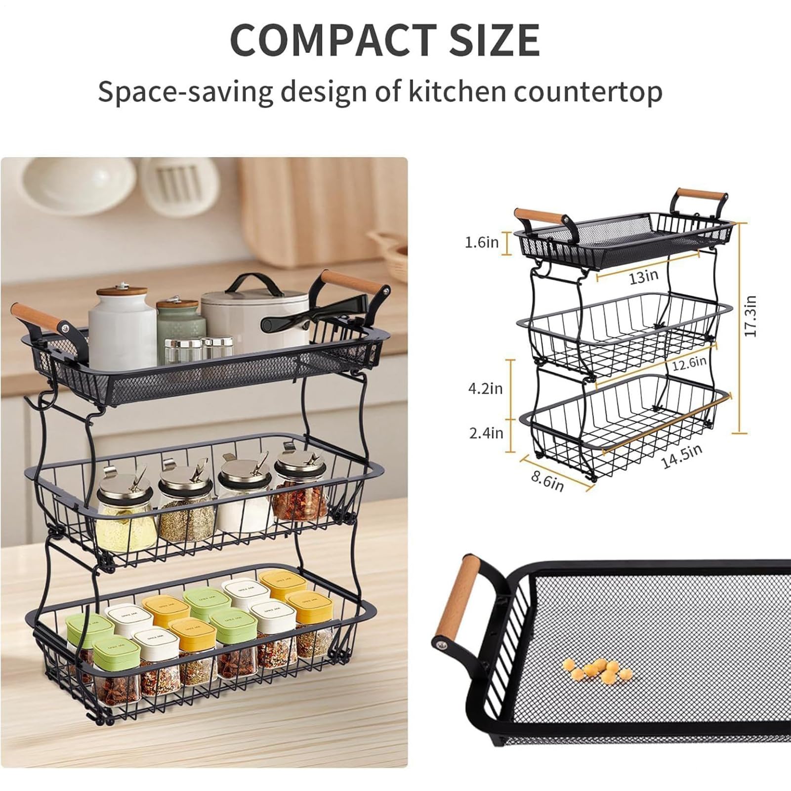 Soporte de baloncesto de frutas genérico, 3 Tier Produce Organizer, Wire Bowl Rack, 17,7 pulgadas con Banana Hanger, Space Saving Countertop Storage for Vegetables Snacks Bread, Home Restaurant Pantry