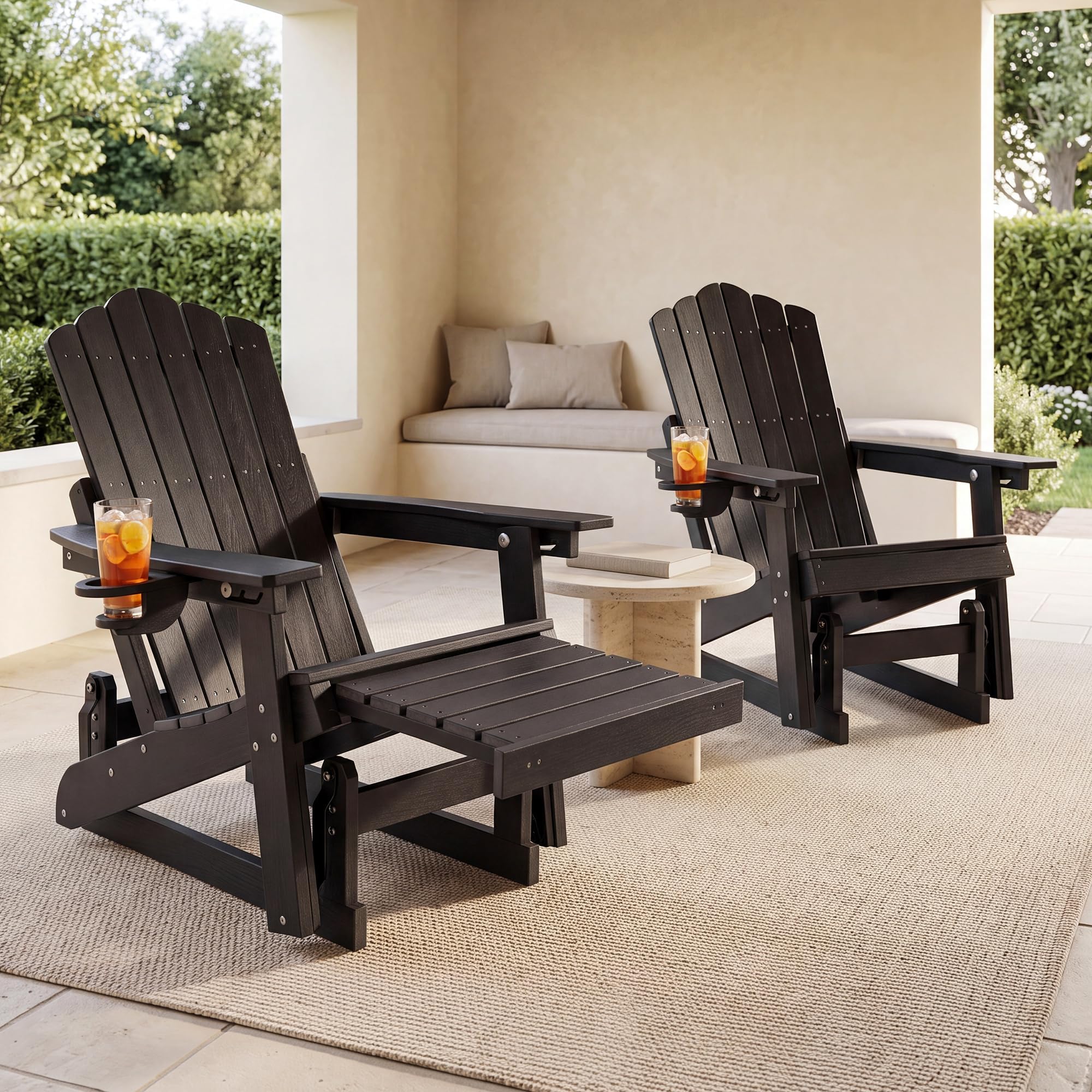 Adirondack Stuhl mit Fußstütze, HDPE Adirondack Chair Gartensessel mit Getränkehalter und Gleitfunktion, verstellbare Rückenlehne, wetterfest und pflegeleicht für Garten, Terrasse und Balkon