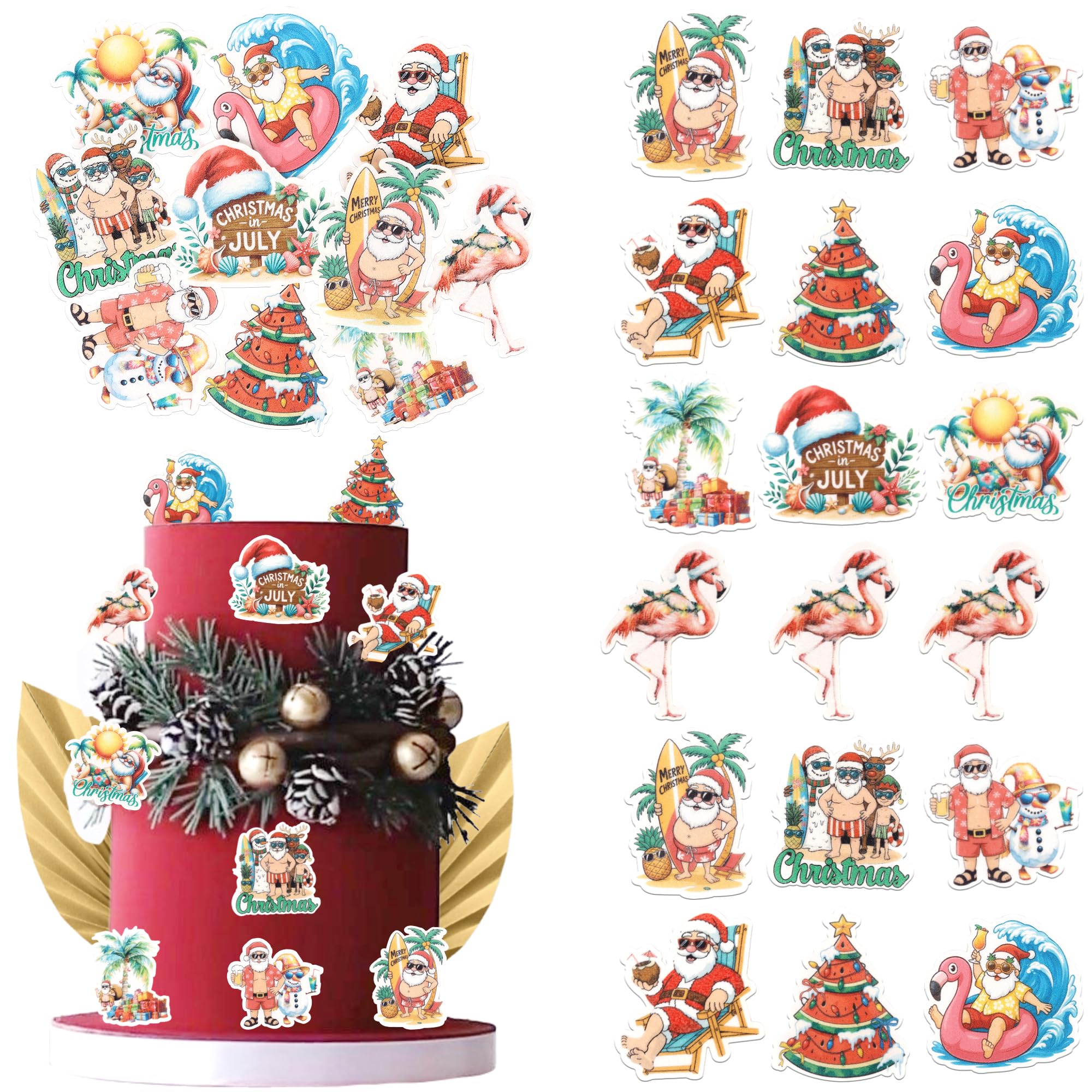 Xsstarmi 60 Pack Edible Summer Christmas Cupcake Toppers Rice Paper Tropical Hawaii Festive Cupcake Picks for Summer Hawaii Christmas Baby Shower Birthday Party Cake Decorations Supplies