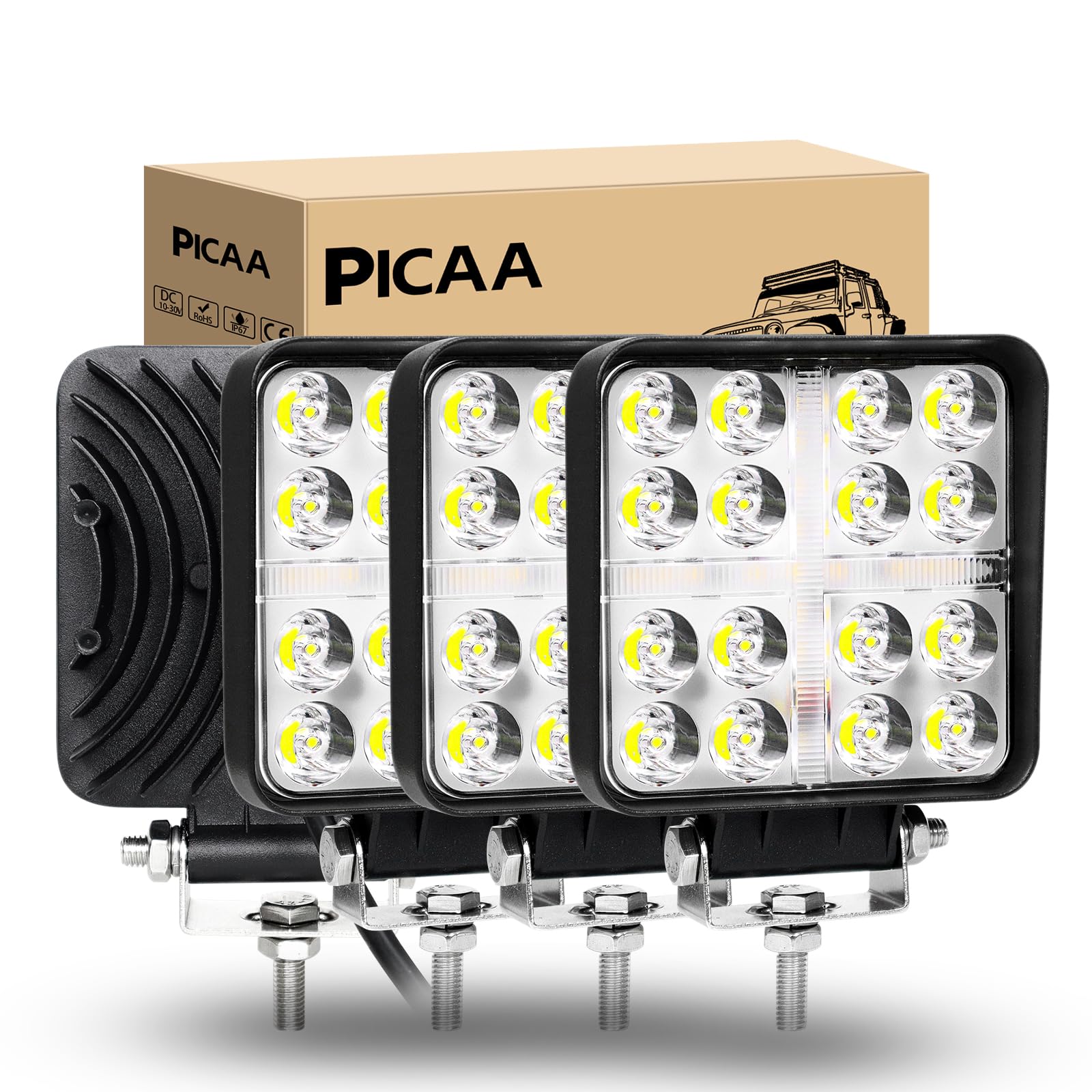 PICAA 4Pcs Faro da Lavoro Led, 4.3 Pollici 48W Spot Luci di Lavoro a Led, Per Auto Fuoristrada Trattore Camion ATV 4x4,12V 24V doppio colore 3000K 6000K Bianco Ambra
