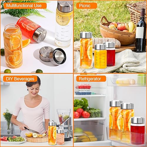 Miniatura 6 de Botellas de vidrio para jugo, paquete de 4 botellas de agua de vidrio de boca ancha con tapas, para jugos, licuados, leche, proteínas, sin BPA,