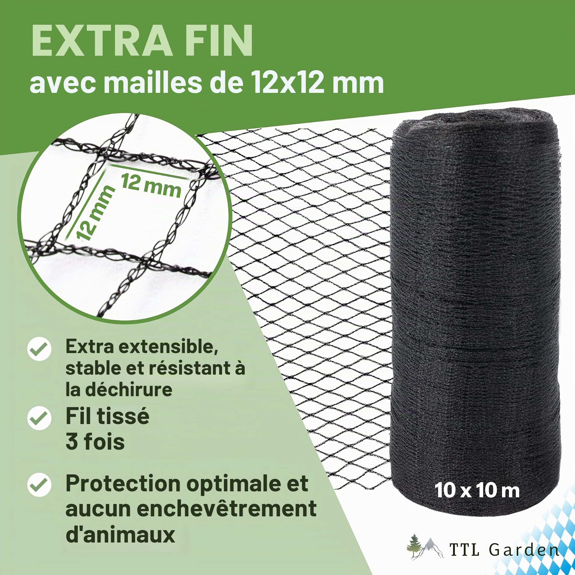 TTL Garden - Filet de protection contre les oiseaux - 10 x 10 m - Noir - 30 g/m² - Maille fine - En polyéthylène haute densité - Filet de piscine pour arbres fruitiers