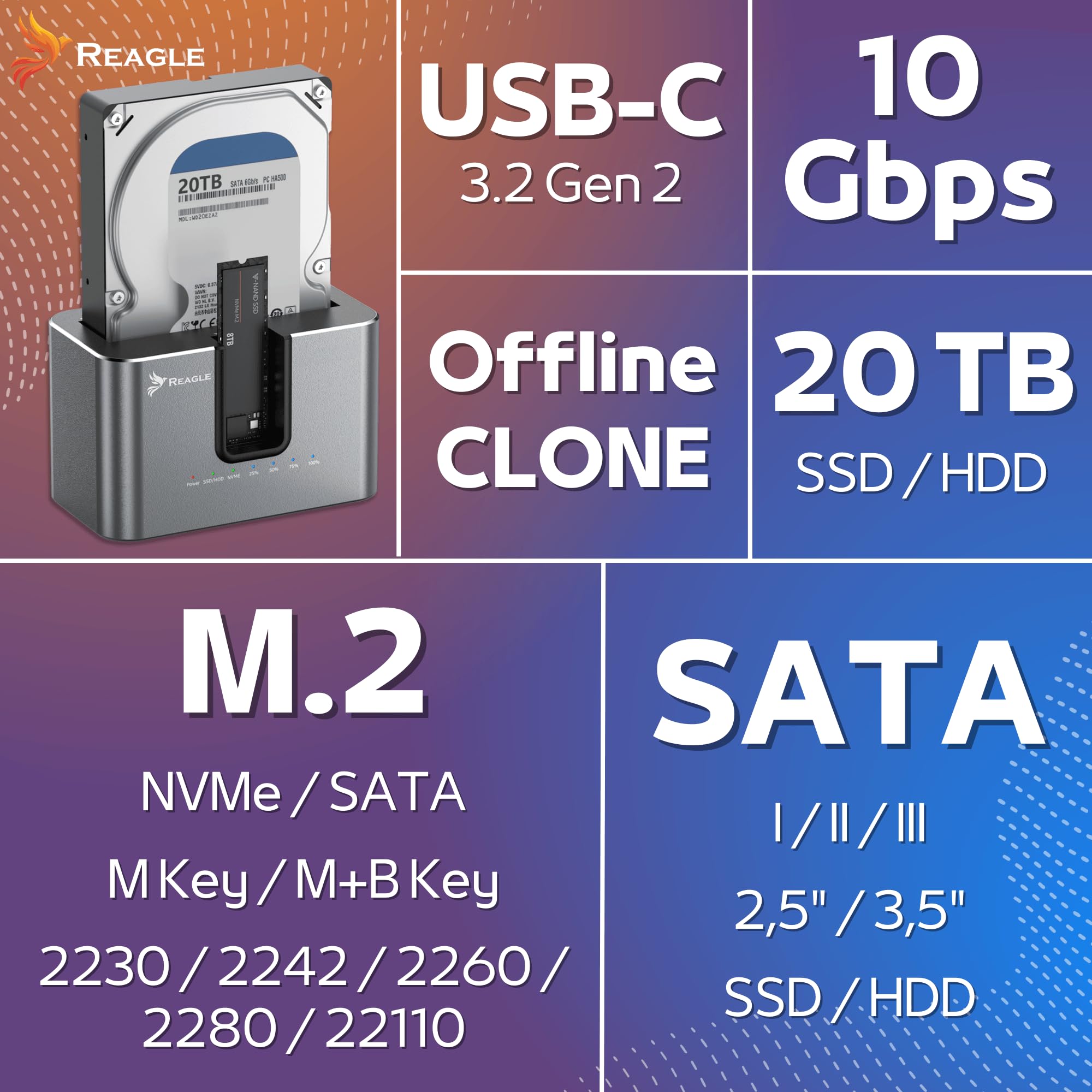 Reagle Stacja Dokująca Dysku SSD HDD SATA 2.5 3.5 NVMe M.2 USB C, USB 3.2 Gen2 10 Gb/s, 28TB, Adapter Klonowanie Offline Dual Szybki Transfer Kompatybilna z PC Laptop Mac Linux