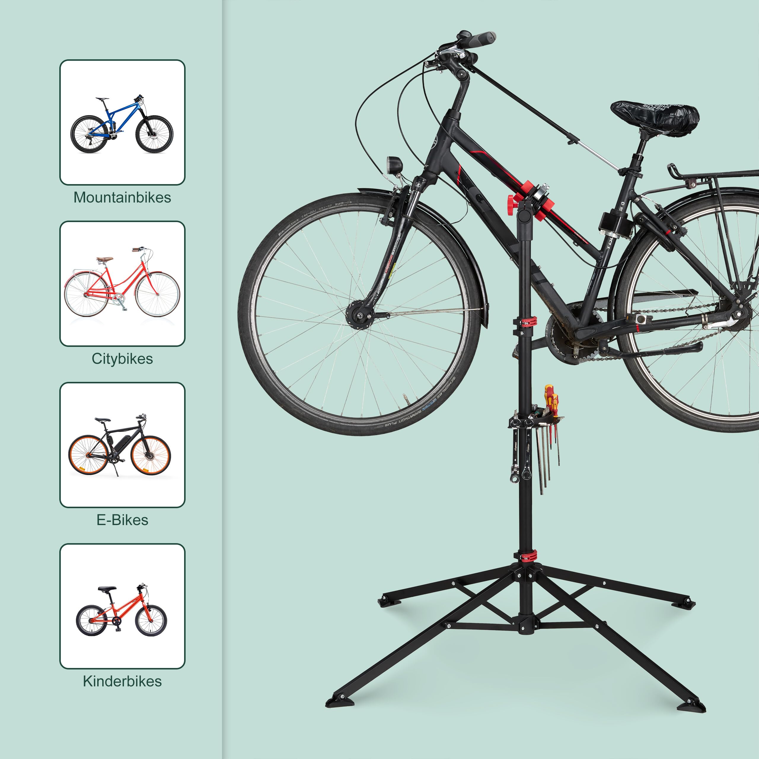 Relaxdays Fahrradmontageständer Reparaturständer mit Werkzeugablage – klappbar & höhenverstellbar – schwarzer Montageständer vierbeinig stabil mit festem Stand – Stahl pulverbeschichtet, 10017183, STANDARD