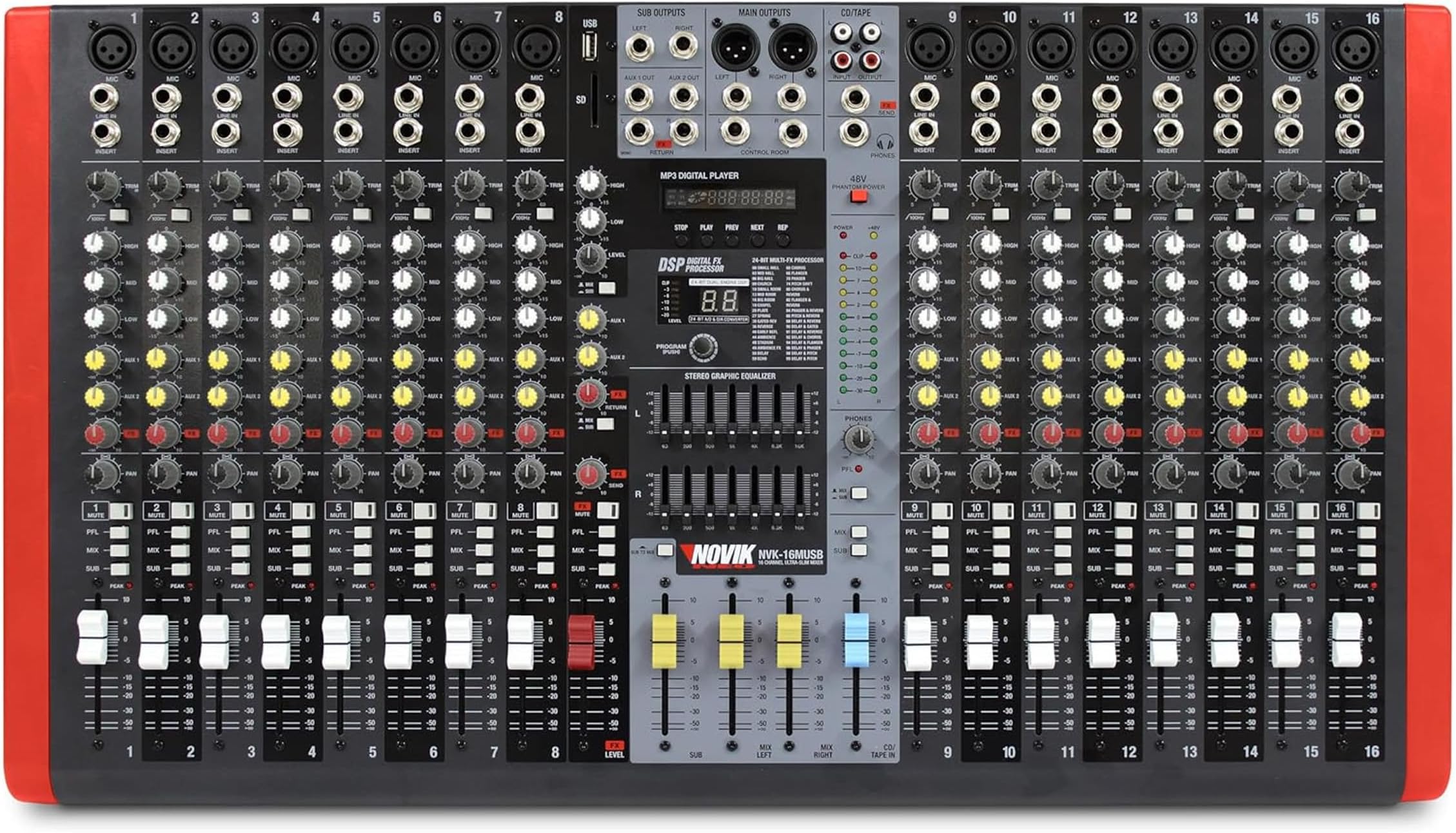 NOVIK NEO Audio Mixer Board - 48V Phantom Power, 16 Channel dj Mixer Bluetooth - Lcd Display, Usb Drive, Sd Slot & Mp3 Player - NVK-16M Sound Board for Dj Mixing and Pc Accessories