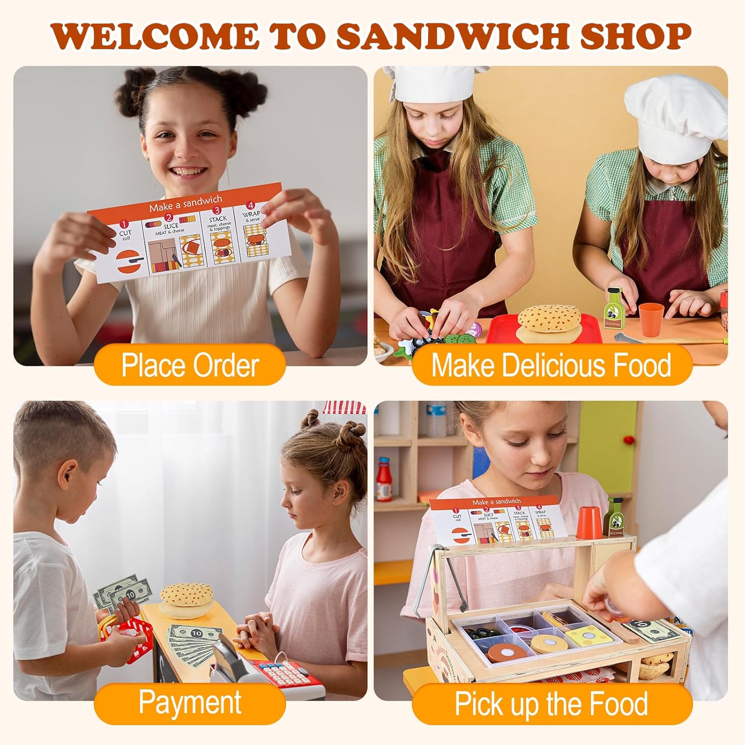 Foldable Sandwich Maker Toy, Wooden Sandwich Counter with Hamburgers, Side Dishes, Beverages, Pretend Play Kitchen Food Toy, Preschool Toys Gift for Kids 3+