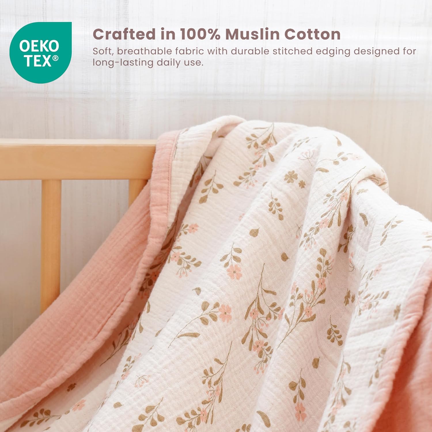 Konssy Muslin Baby Blankets for Girls Boys, 100% Cotton Crib Blanket for Infant Toddler, Super Soft and Lightweight Nursery Swaddling Wrap 47"x47" (Floral) - Image 3