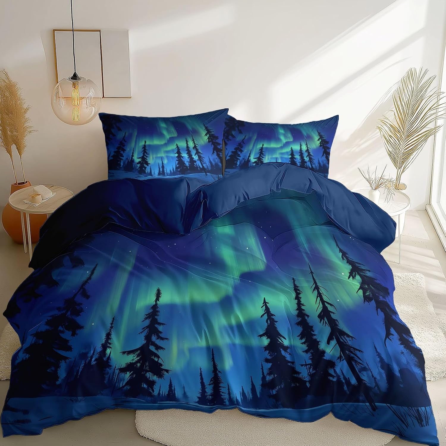 3PCS Dark Blue Duvet Cover Set, Nature Snow Mountain Northern Lights Pattern Bedding with Zipper Closure, Duvet Cover Full Size Print for Girls Kids and Teens Home Décor
