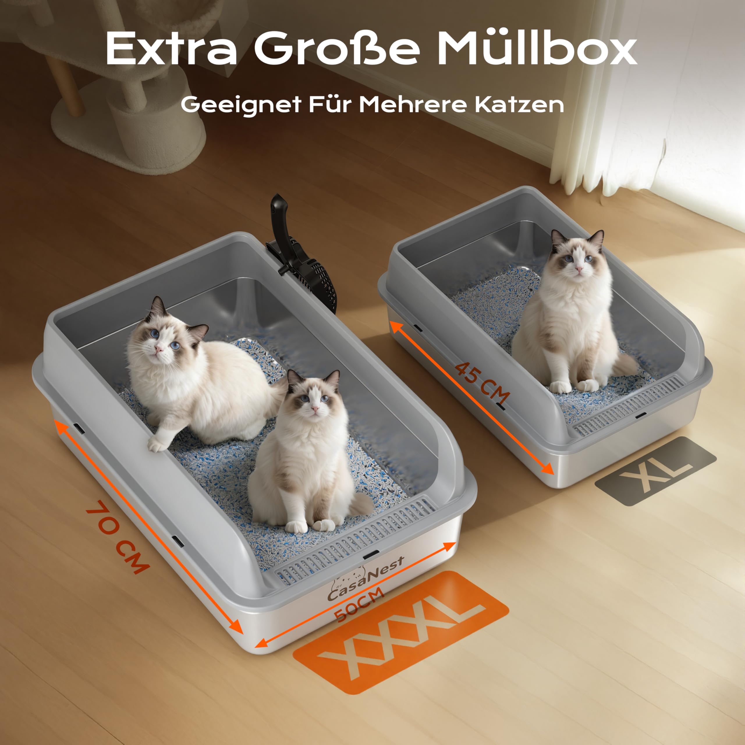 XXXL Katzenklo Edelstahl,70 * 50 * 25cm, Extra Große Metall Katze Müll Box für große, Multi Katzen, Katzentoilette Edelstahl, Anti-Leckage, Metallpfanne, Leicht zu Reinigen, Langlebig