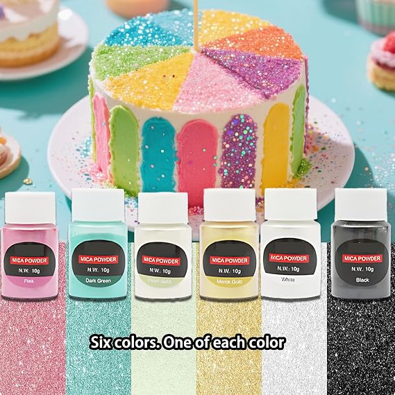 Edible Glitter, 6 Colors Edible Glitter for Cakes and Drinks, Food Colouring Powder Set for Baking, Chocolate, Fondant, drinks, 10g Each, Pink, Dark Green, Black, White, Gold, Pearl Gold