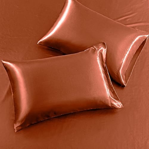 Miniatura 3 de SiinvdaBZX Juego de sábanas de satén de 4 piezas tamaño King, ultra sedosas, suaves, de satén naranja otoñal con bolsillo profundo, 1 sábana bajera,