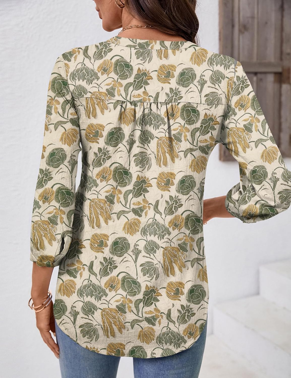 LOMON Womens Tops Dressy 3/4 Length Sleeve Henley V Neck Button Down Shirts Pleated Blouses S-XXL - Image 6