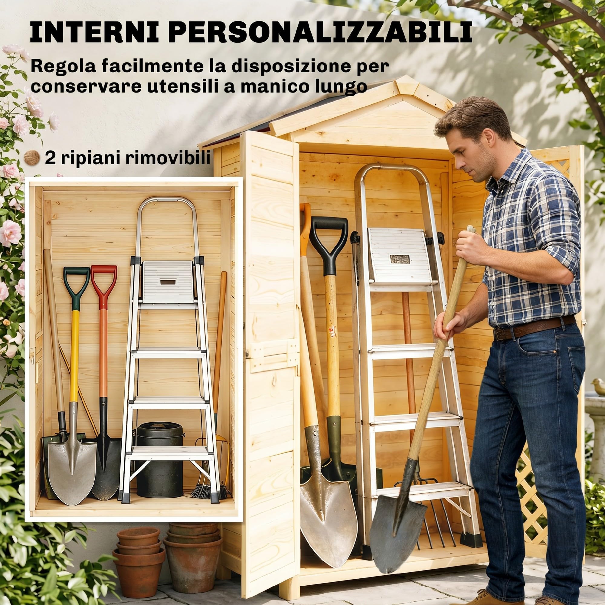 Outsunny Armadio da Giardino in Legno di Abete con Ante Ventilate Naturale | Kit Antiribaltamento, Armadio da Esterno Porta Attrezzi, Ripiani Rimovibili, Tetto Inclinato in Asfalto
