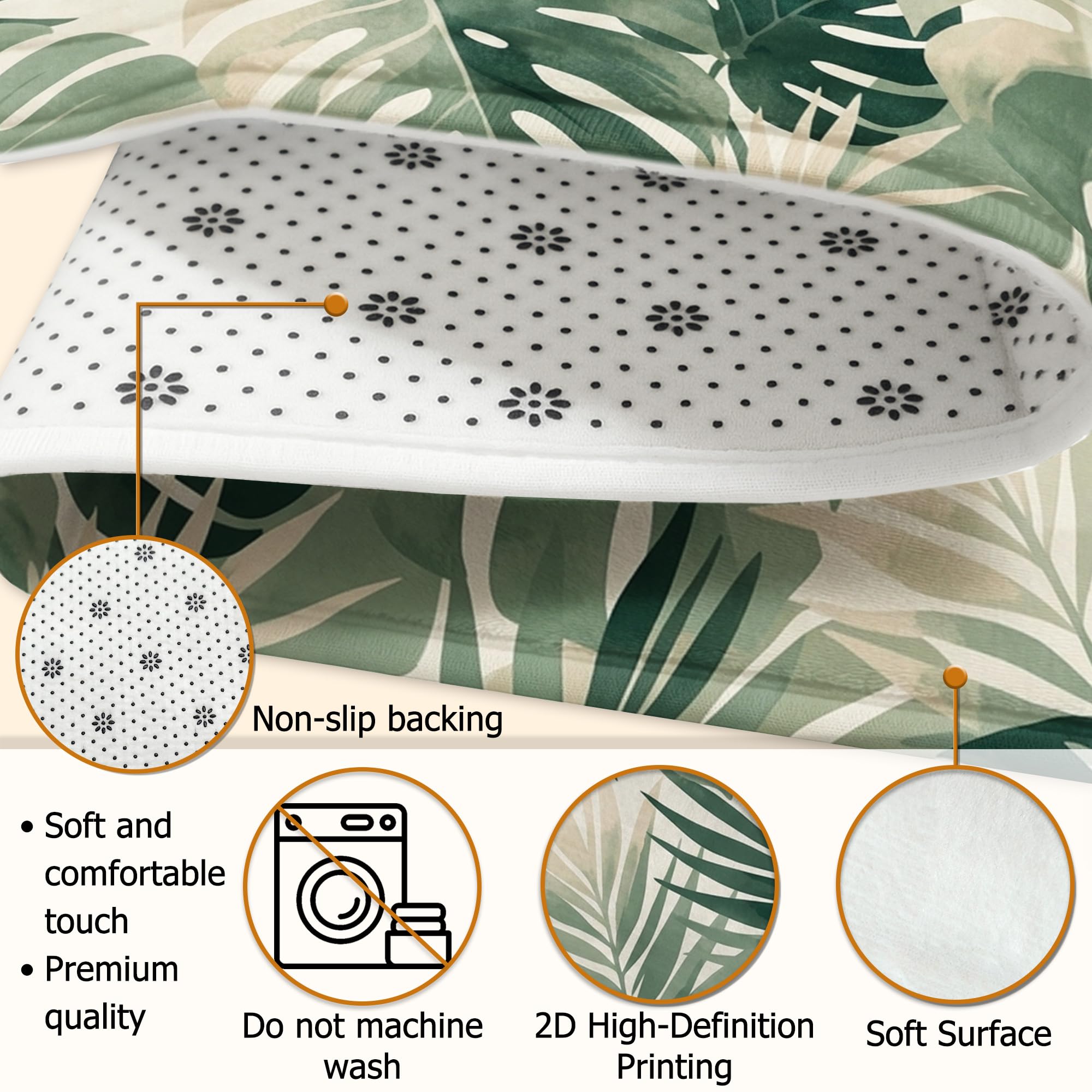 Alfombra de área de hojas, palmeras naturales tropicales, follaje verde de verano, esponja de pelo bajo, suave, rectangular, resistente a las manchas, para sala de estar, dormitorio, cocina, pasillo