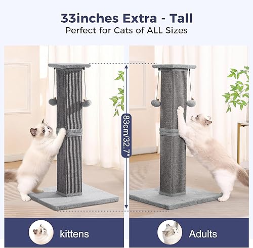 Miniatura 5 de Poste rascador grande para gatos con base resistente, poste rascador cuadrado resistente de sisal de 33 pulgadas y 2 bolas interactivas para colgar