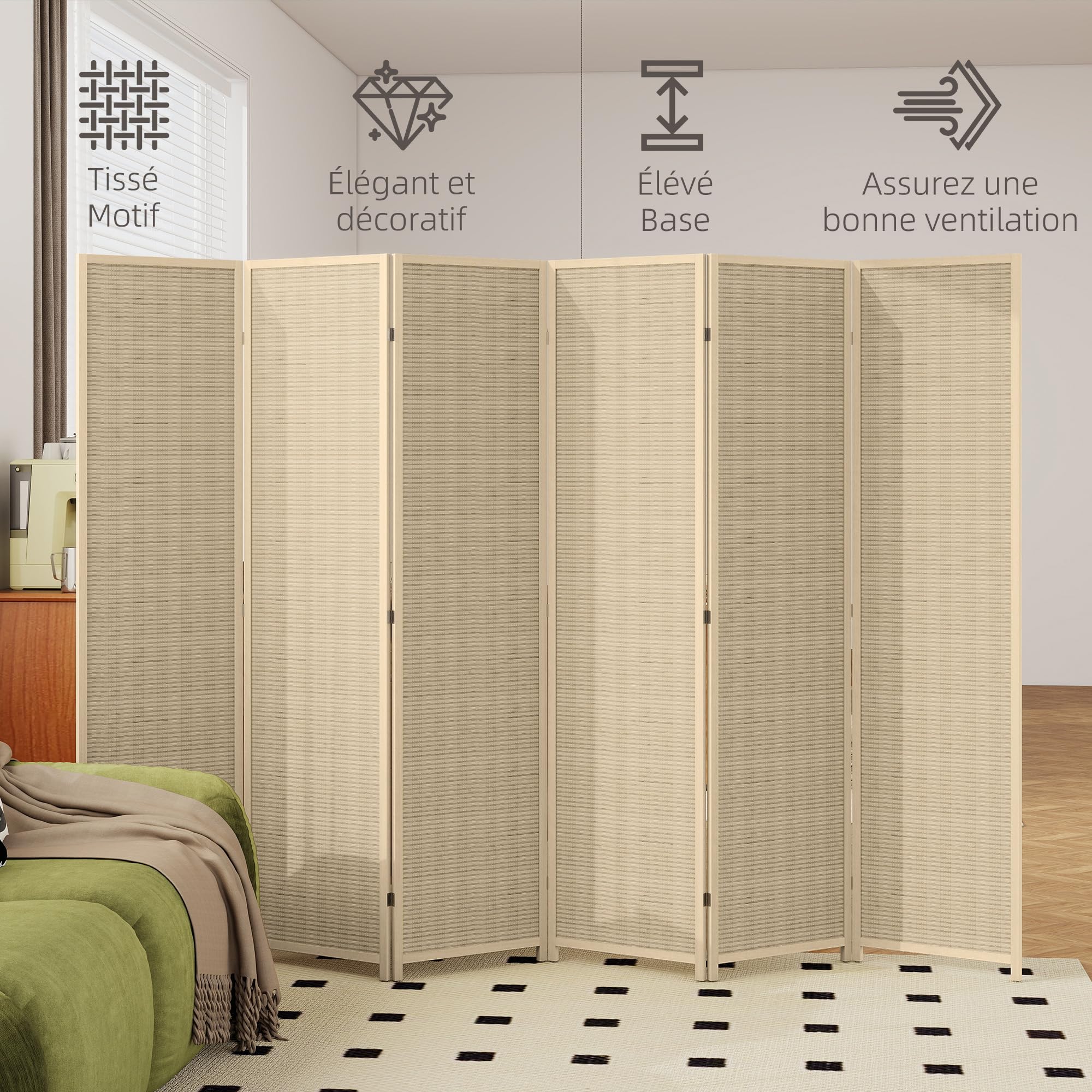 HOMCOM Paravento da Interno a 6 Ante Pieghevole Colore Naturale | Altezza 180cm, in Legno e Bambù, Separé Divisorio Ambienti Salvaspazio, Stile Boho