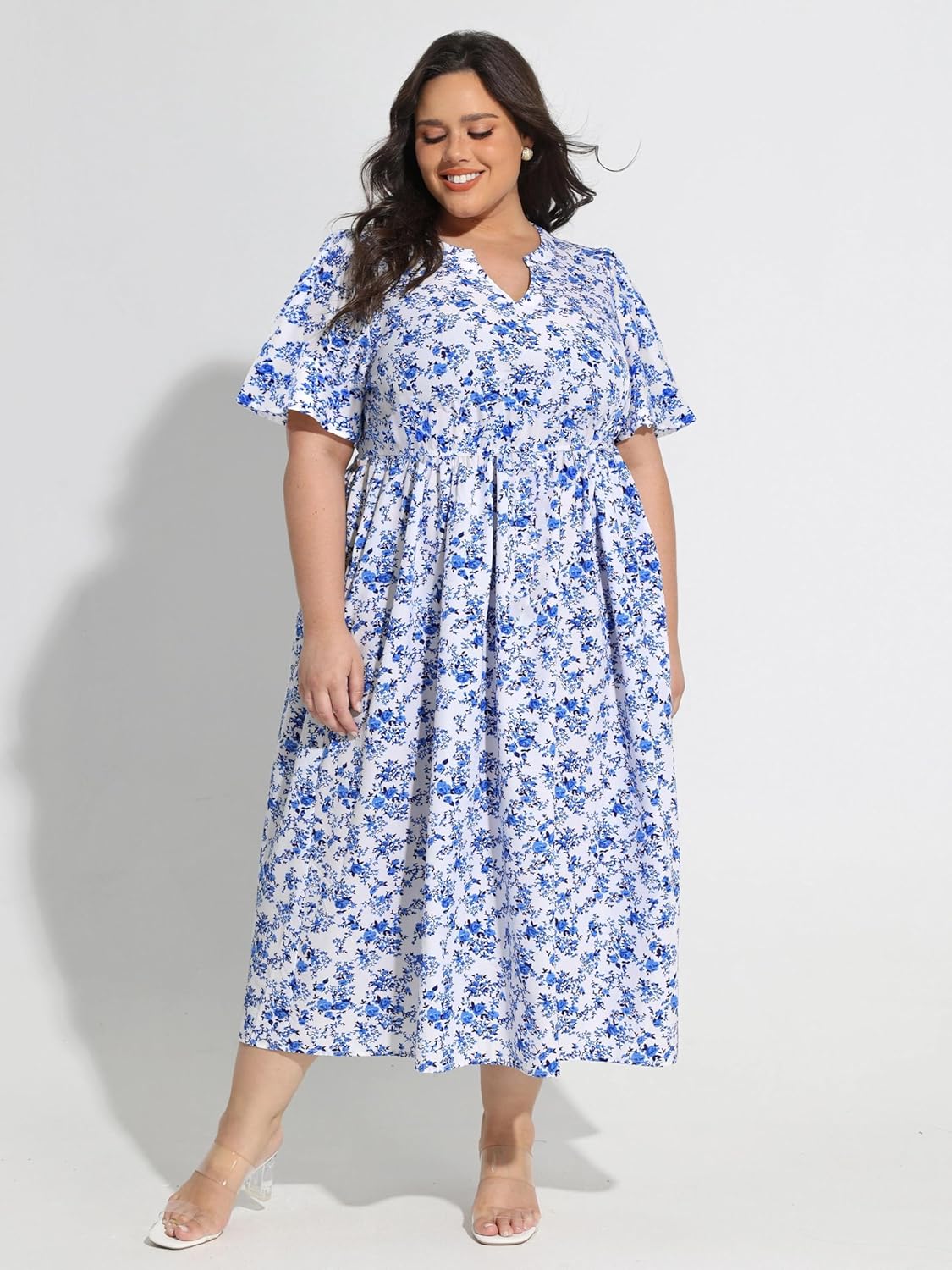 TIYOMI Women Plus Size Dress Boho V Neck Short Sleeve Beach Maxi Dresses Floral/Stripe/Leaves/Lemon XL-5XL