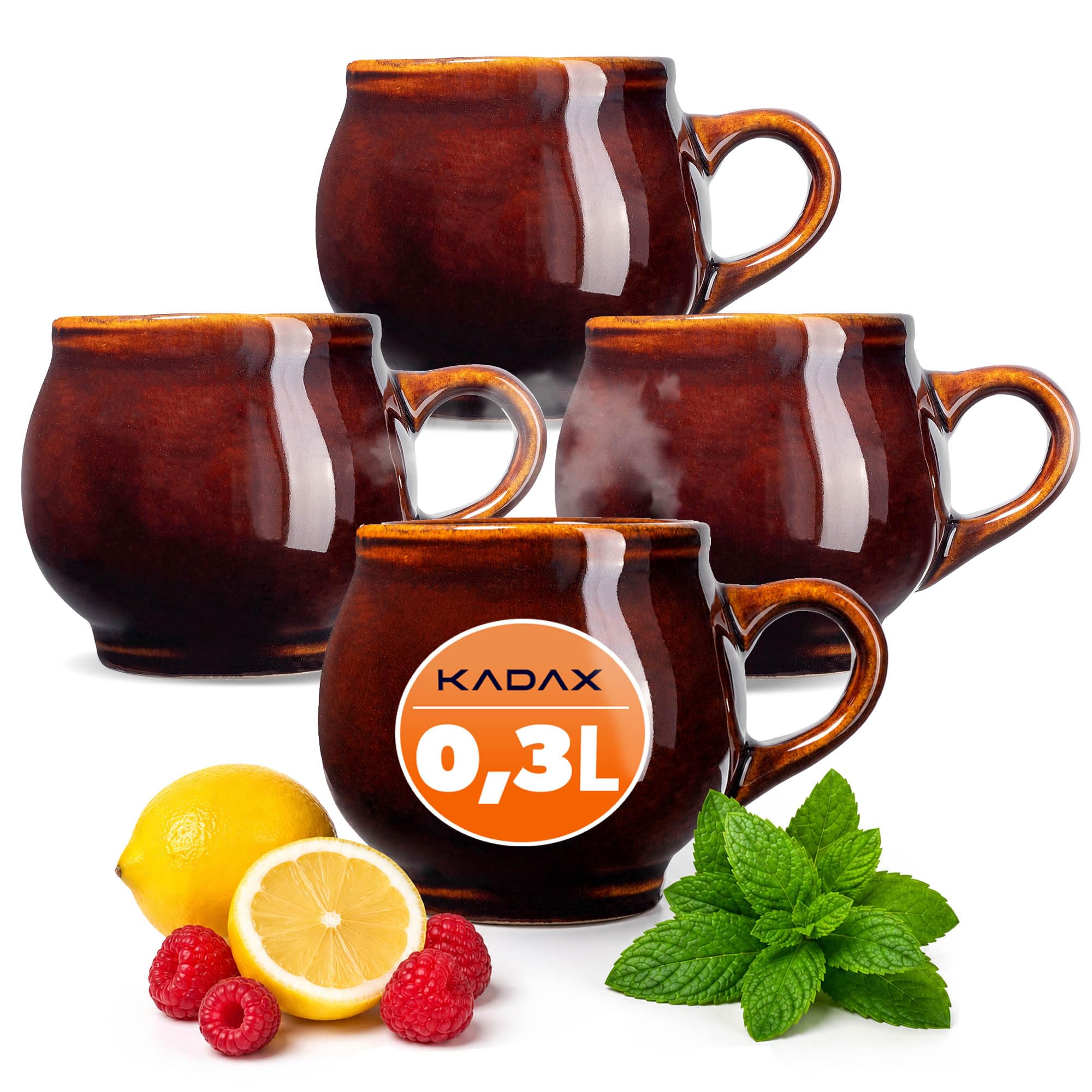 KADAX Juego de 4 vasos de barro, 300 ml, tazas de cerámica con asa para vino caliente, hidromiel y té, taza de cerámica hecha a mano, taza de Navidad, taza de vino caliente de arcilla