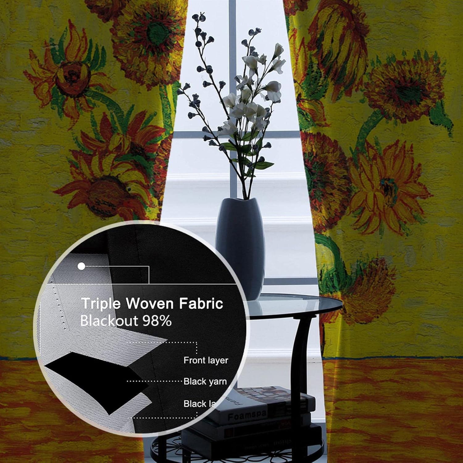 Yellow Blackout Curtains & Drapes Floral Botanical Vase Pattern Darkening Draperies Bedroom Living Room 2 Panels The Sunflowers Famous Painting Prints 2X W38xL63in