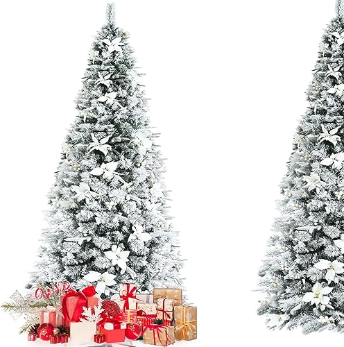 Miniatura 8 de POWERSTONE Árbol de Navidad blanco nieve con bayas y flores de Pascua de 6 pies, árbol de Navidad artificial flocado con 617 puntas de ramas para