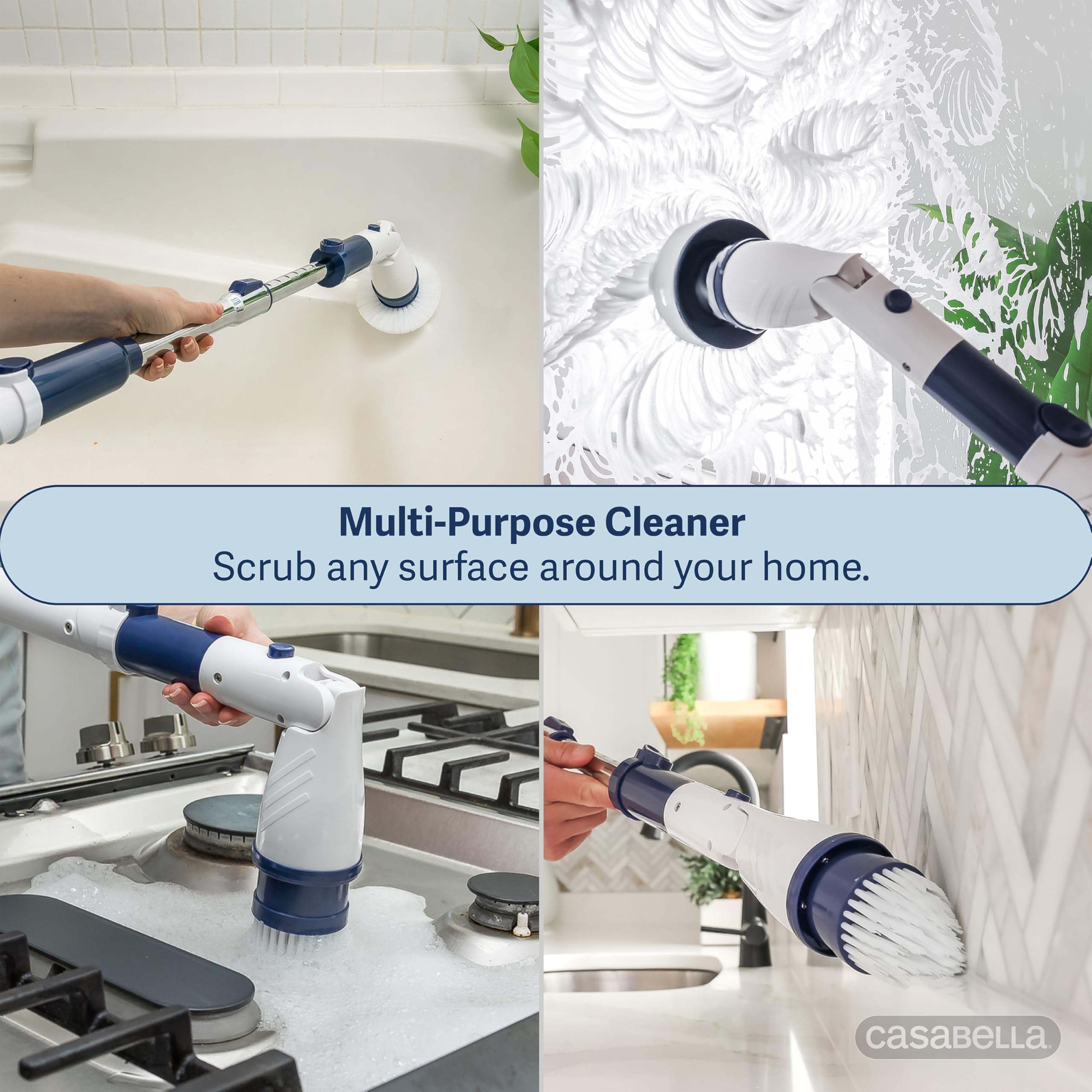 Casabella Power Spin Scrubber allungabile fino a 120,7 cm – Pulitore elettrico senza fili per doccia, cucina, bagno, piastrelle, vasca, auto, ponte – Spazzola rotante ricaricabile con testina