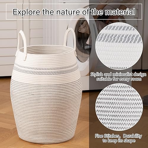 Miniatura 5 de OIAHOMY Cesta de lavandería de cuerda de algodón tejida de 66 litros, cesta de lavandería de 12.6 x 21.7 pulgadas de alto con asas de algodón