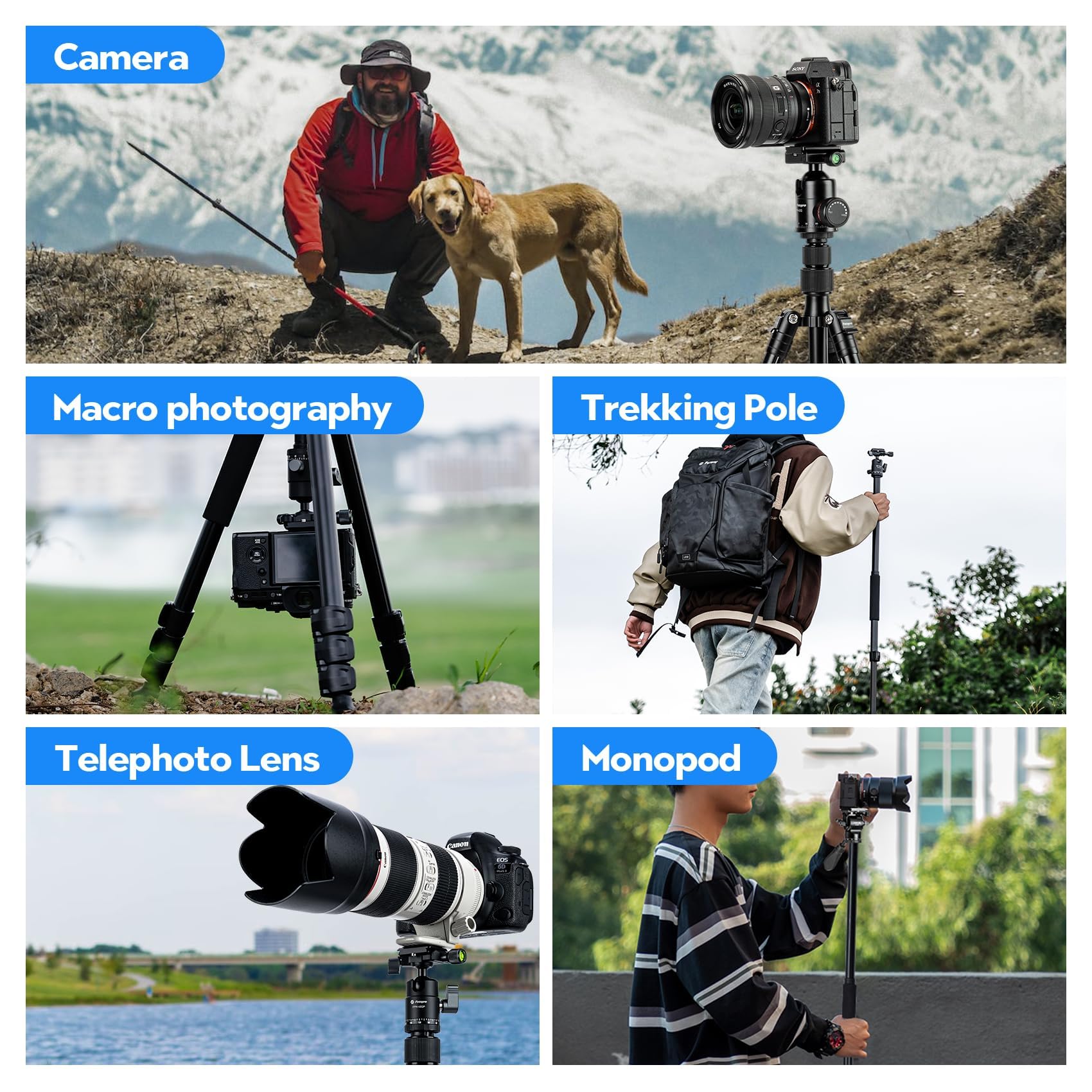 Fotopro Statyw do aparatu 165 cm, aluminiowy statyw podróżny 2 w 1 i noga 360°, zdejmowany statyw jednonożny do lustrzanek cyfrowych, maksymalne obciążenie 8 kg / 17,63 lbs