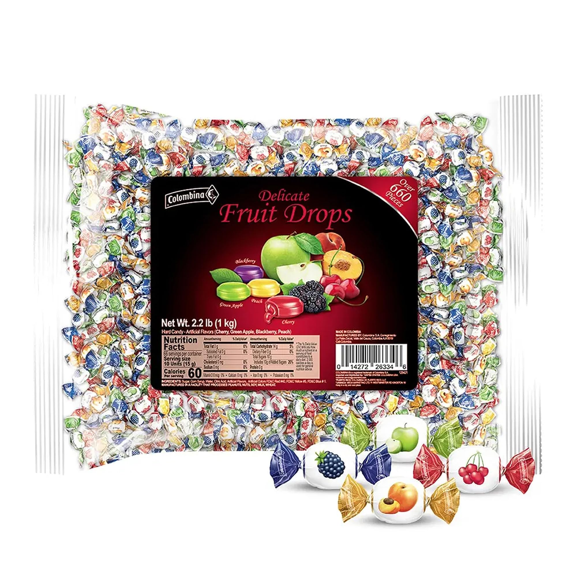 Colombina Delicate Fruit Drops, 4 Assorted Fruit Candy Flavors, Individually Wrapped, Ideal for Easter, Halloween, and Christmas, 2.2lbs (Pack of 1)