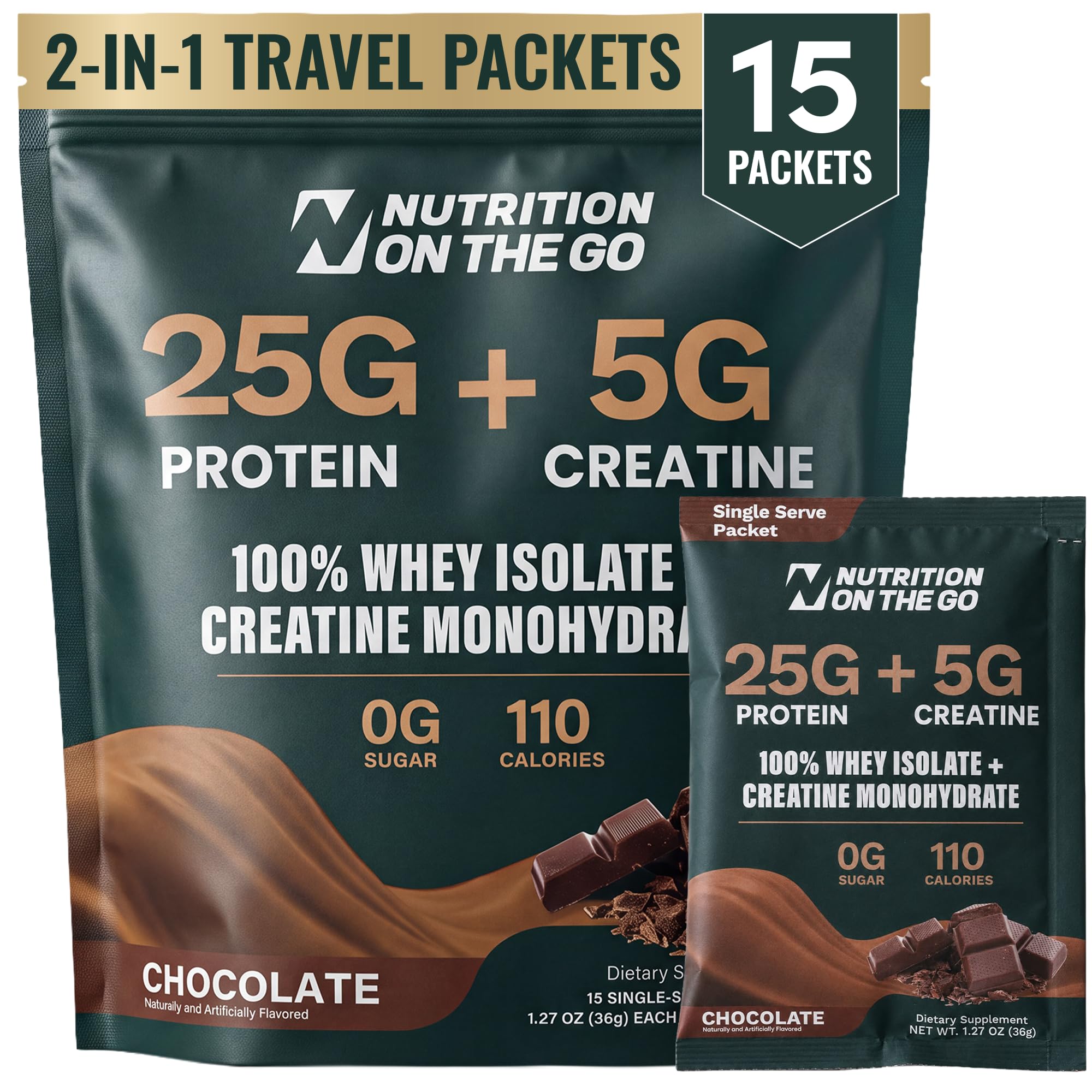 2-in-1 Whey Protein Isolate + Creatine Travel Packets, Chocolate, 15 Pack