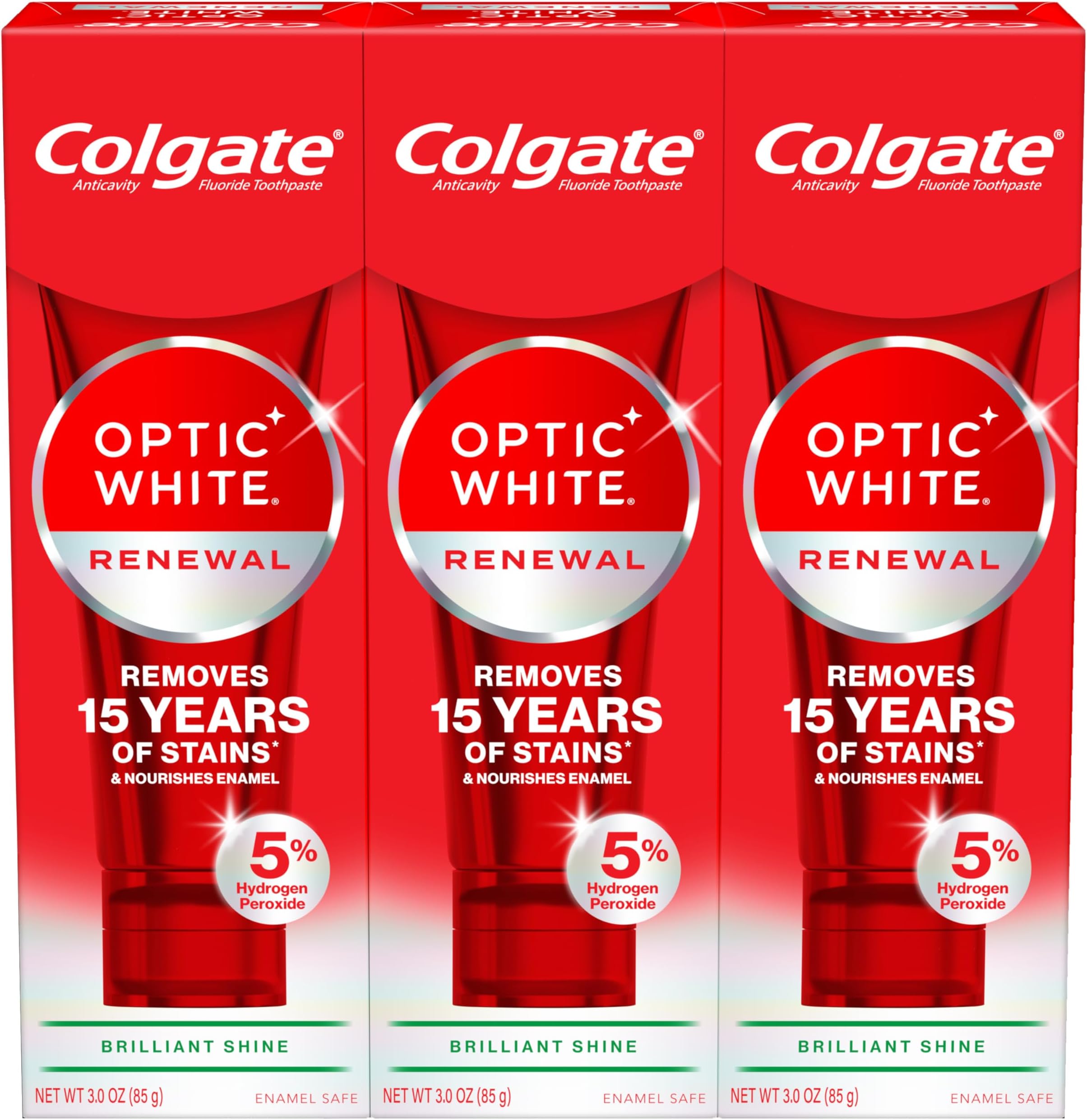 Optic White Renewal Teeth Whitening Toothpaste, Whitening Fluoride Toothpaste, Effectively Removes Tea, Coffee, and Wine Stains, Made with Hydrogen Peroxide, Brilliant Shine, 3 Pack, 3.0 oz